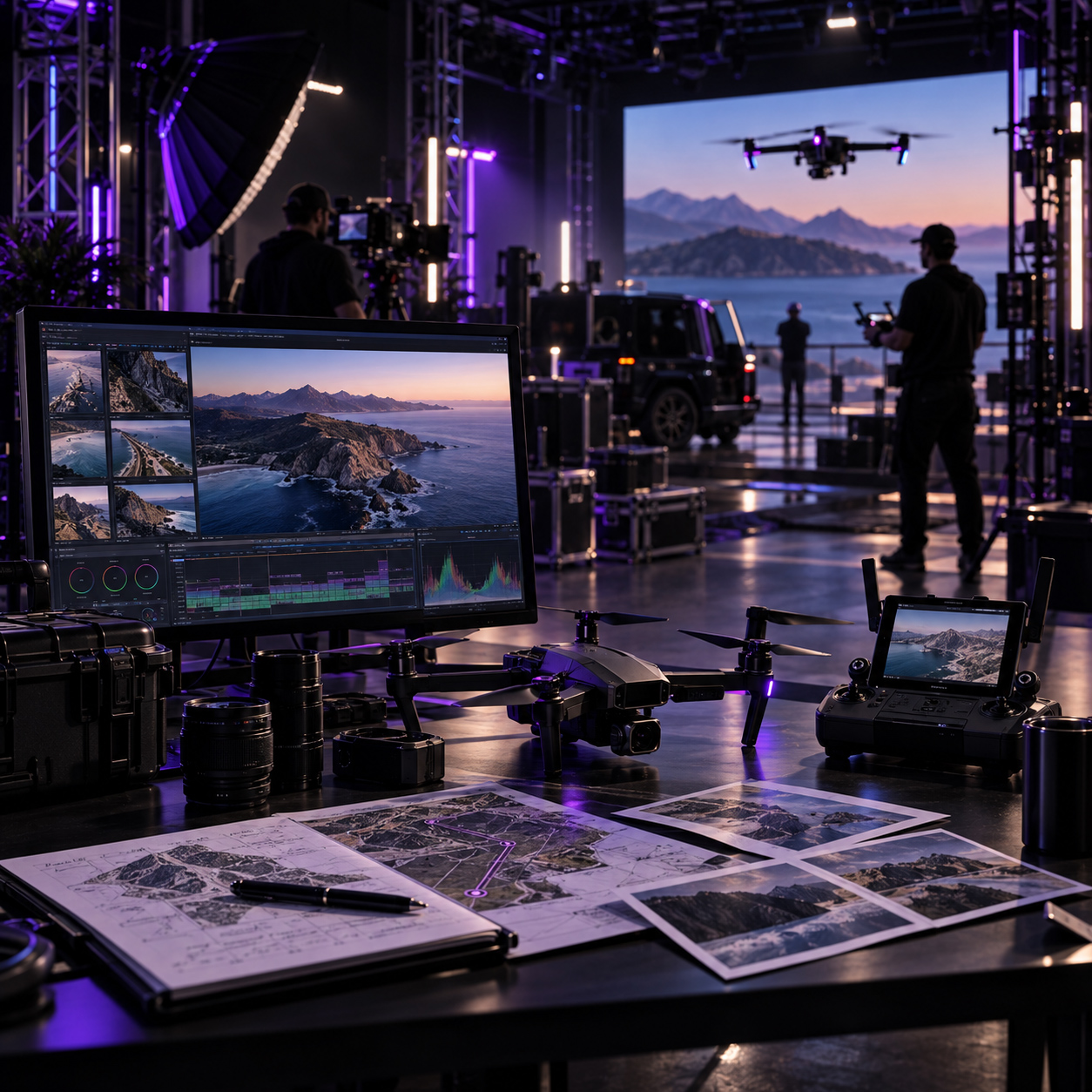Professional drone filming production environment with aerial camera equipment, control station, monitoring screens, flight planning materials, and crew preparing a cinematic coastal shoot.
