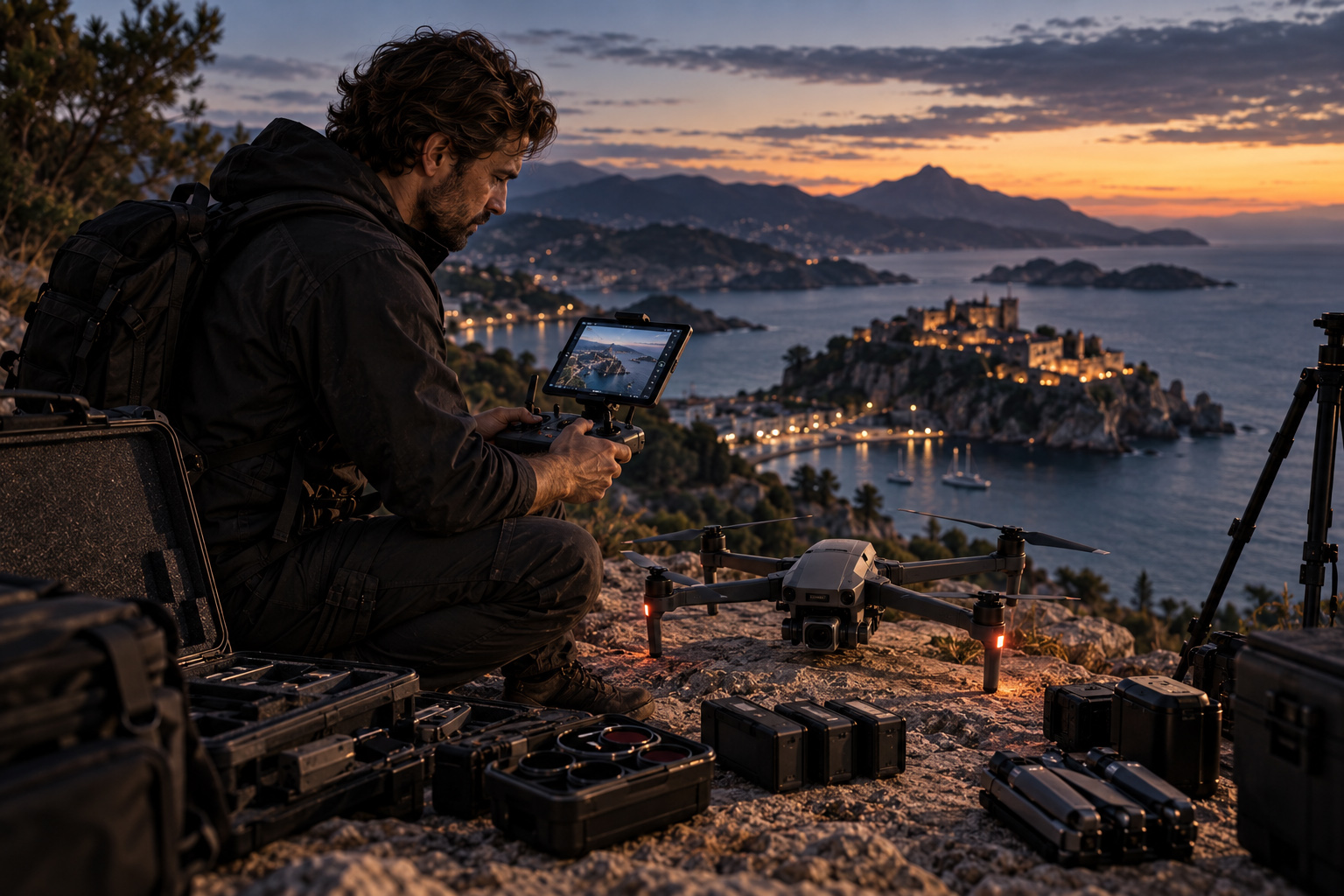 Professional drone operator controlling an aerial camera system from an elevated coastal location during sunset filming.
