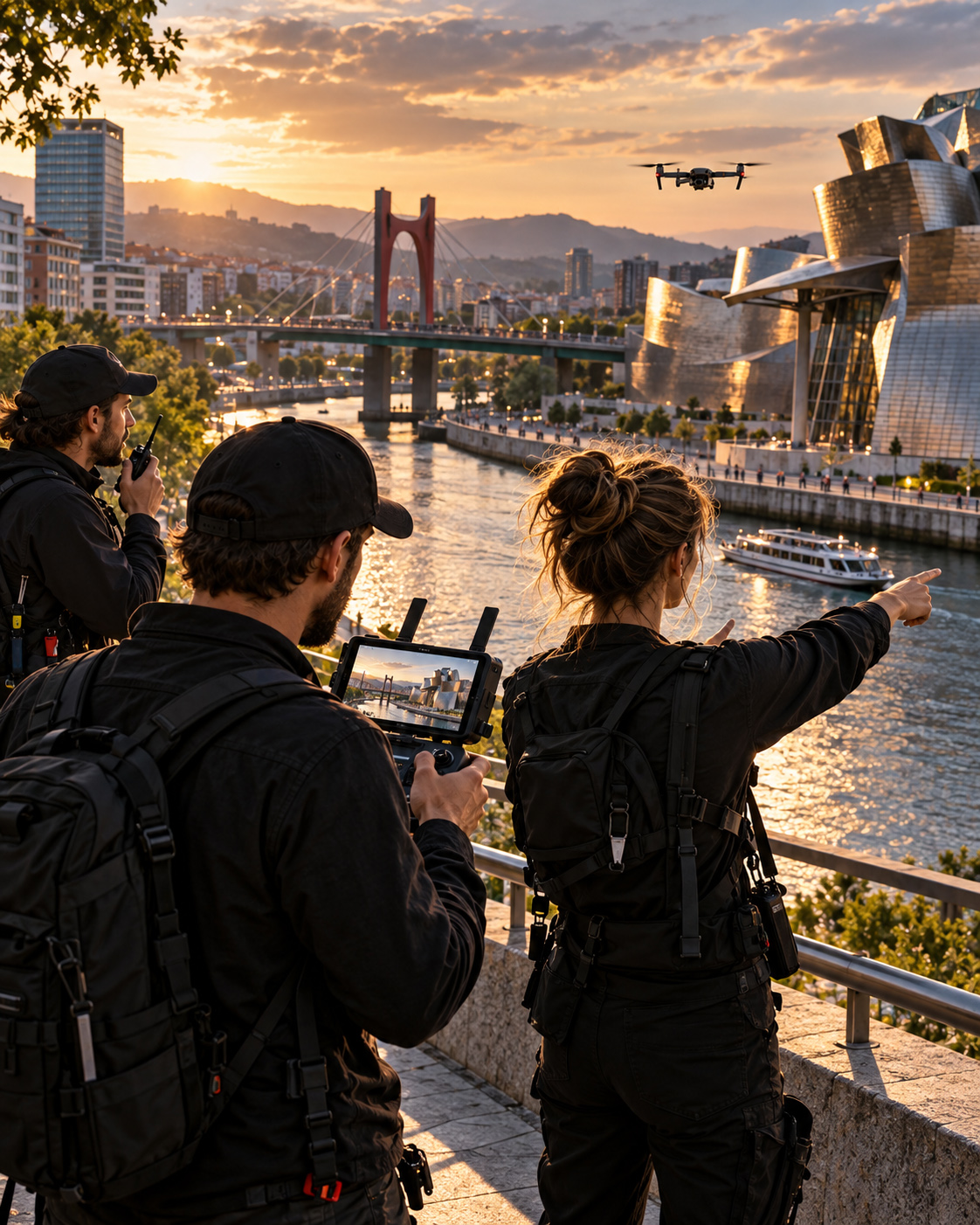 Drone filming crew coordinates an aerial shoot overlooking a sculptural waterfront landmark, bridge, river corridor, and surrounding city during golden hour.
