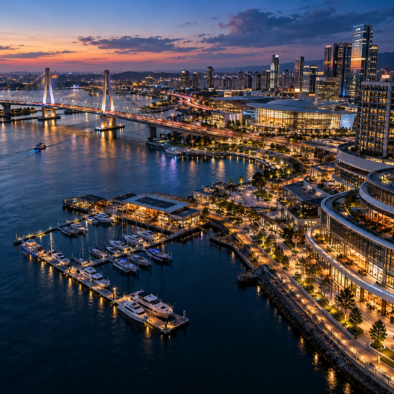 Aerial blue-hour view of a modern waterfront district with marina, cable-stayed bridge, illuminated public spaces, and high-rise skyline.