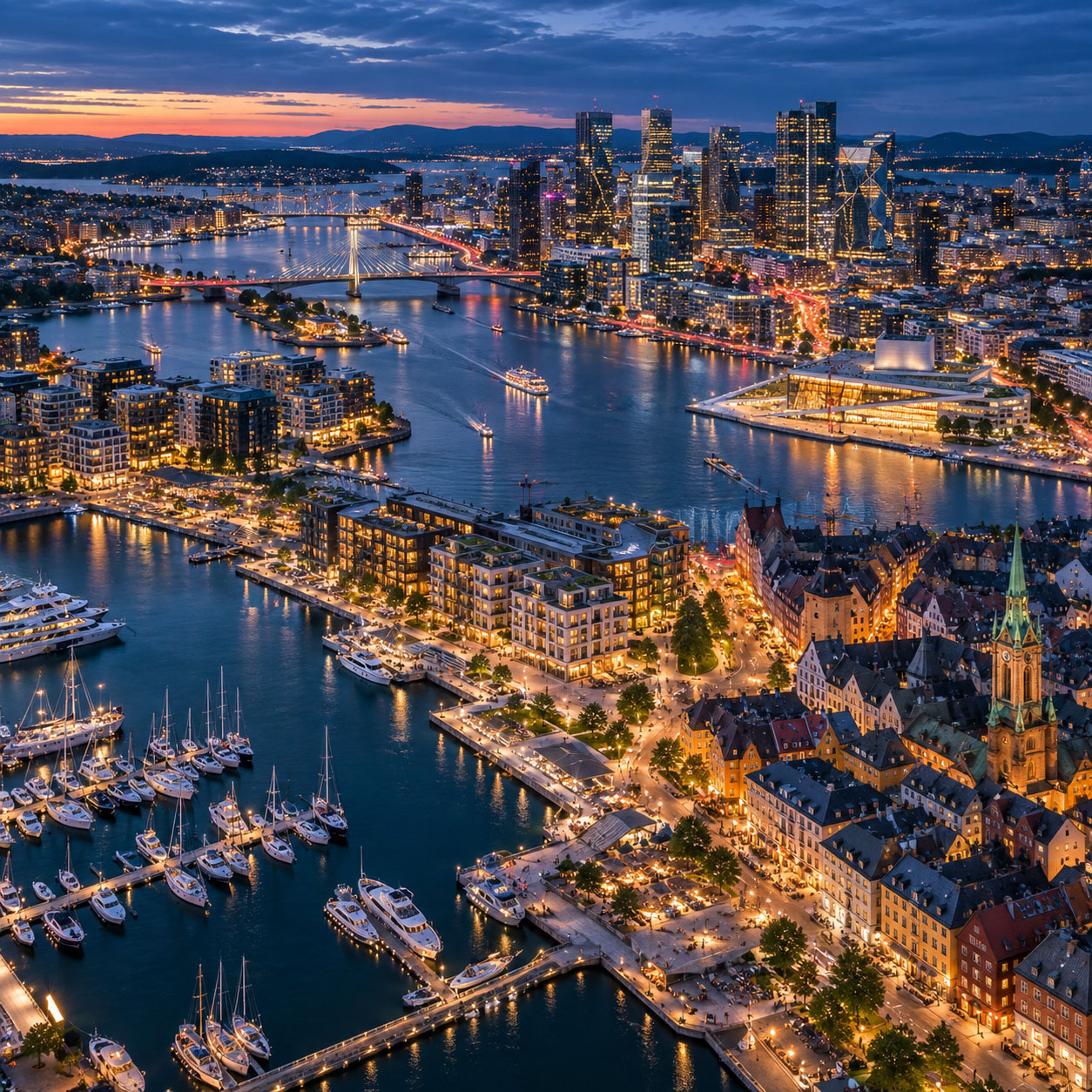 Aerial twilight view of a vibrant waterfront city with marinas, bridges, illuminated skyline, historic district, and active urban shoreline.