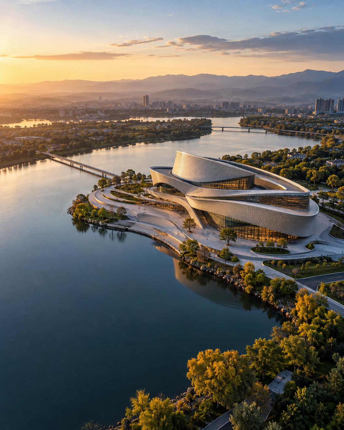 Aerial sunrise view of a sculptural contemporary waterfront building surrounded by calm water, landscape, bridges, and distant urban context.