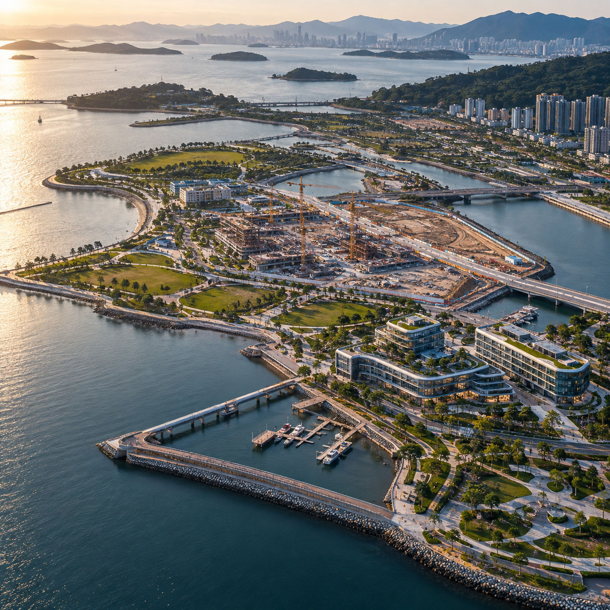 High aerial view of a waterfront redevelopment site showing active construction, landscaped public areas, new buildings, road connections, marina infrastructure, and surrounding urban context.