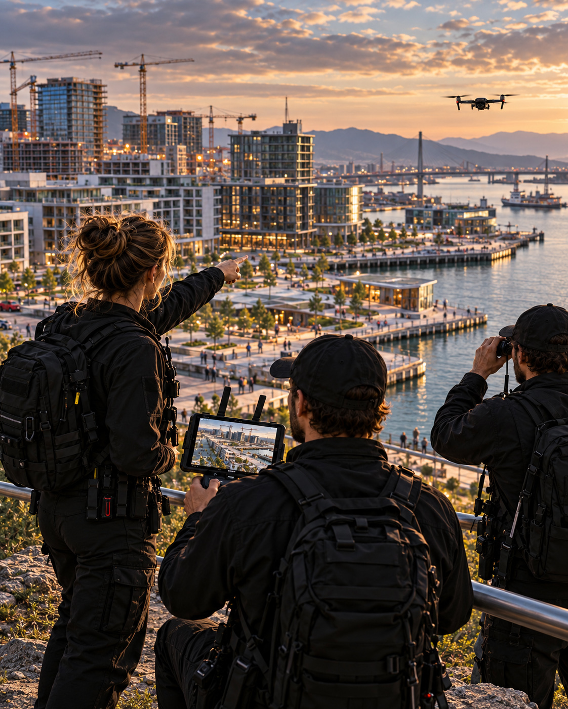 Drone filming team directs an aerial shoot over an active waterfront construction district with residential buildings, cranes, public spaces, and transport infrastructure at sunset.