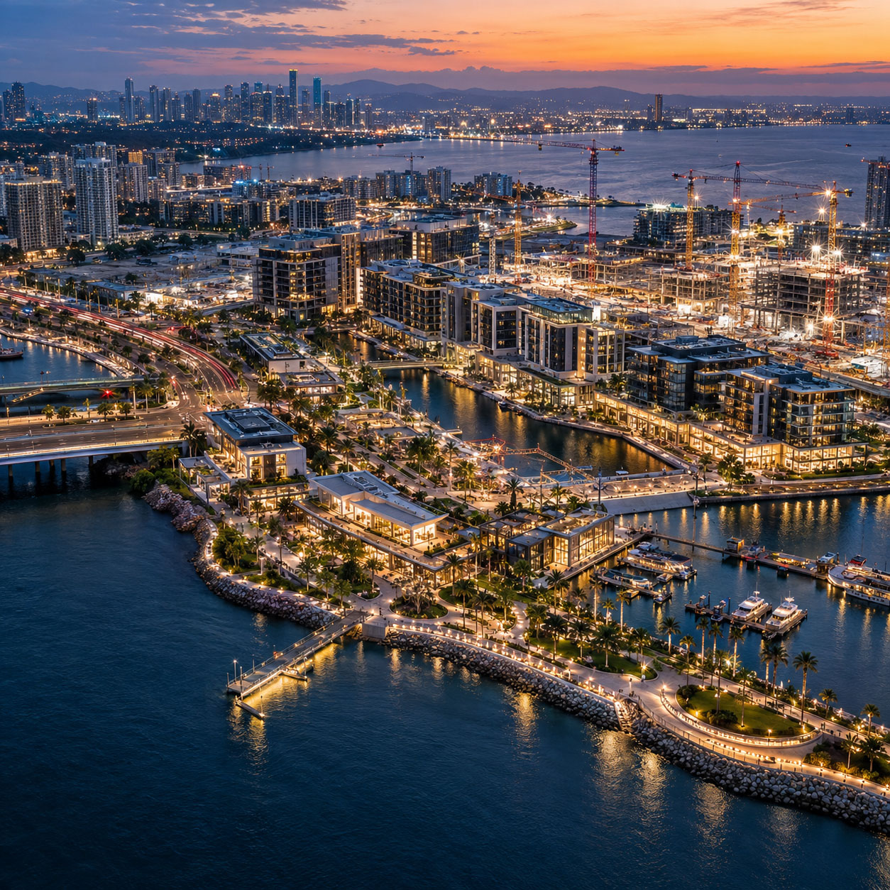 Aerial blue-hour view of a large waterfront development with marinas, illuminated public spaces, residential buildings, active construction, and a distant city skyline.