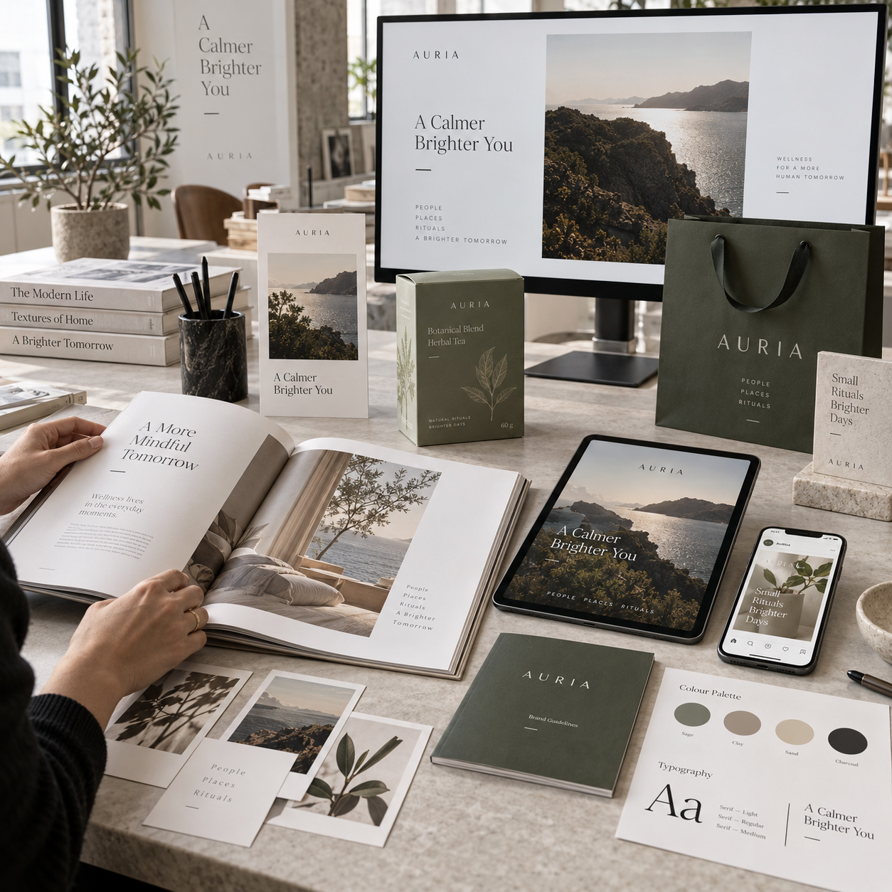 Complete Auria brand system shown across brand guidelines, editorial publication, packaging, website, tablet, mobile, social media, stationery, typography, color palette, and printed collateral.