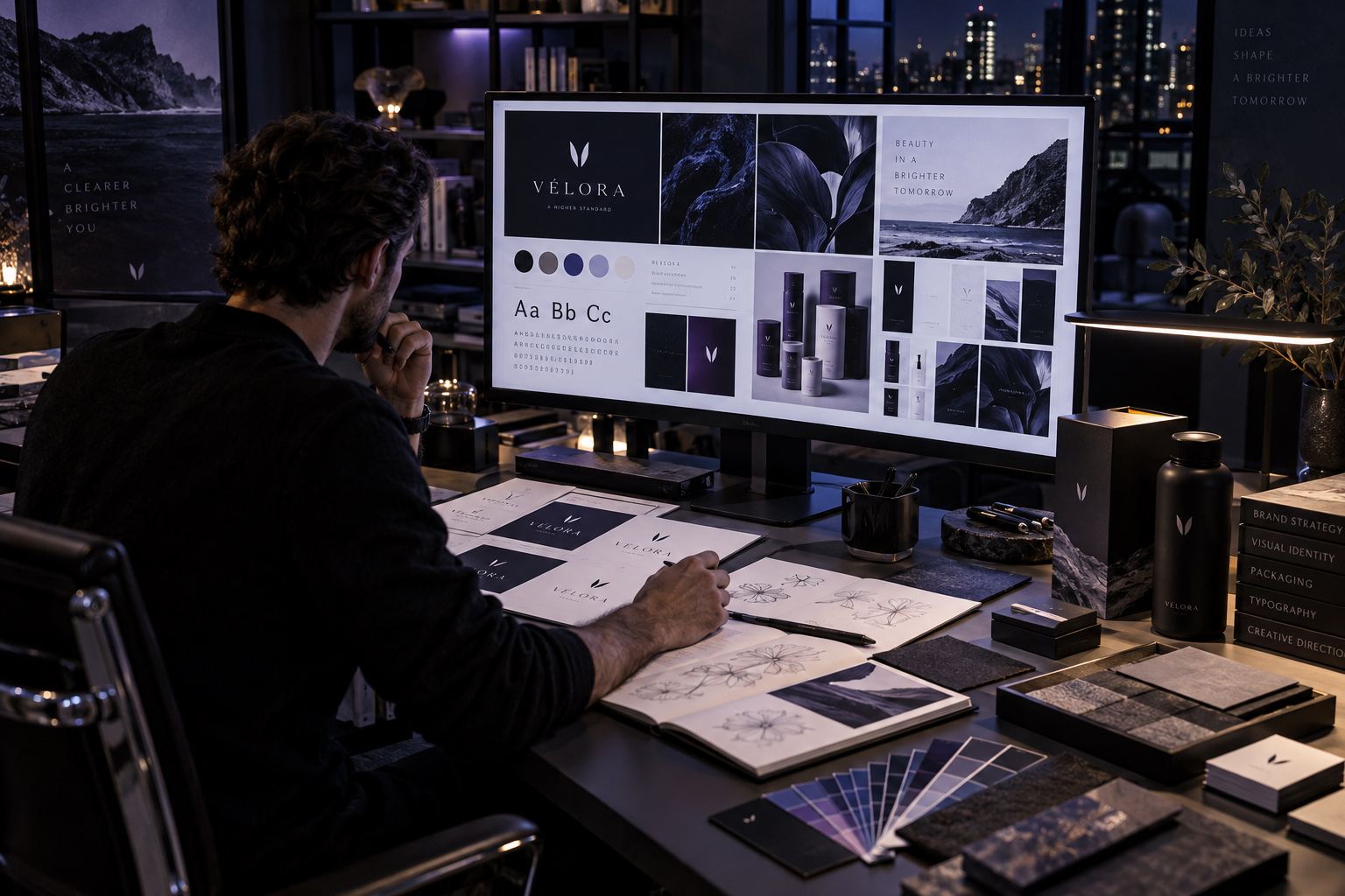 Graphic designer developing a premium brand identity system with logo concepts, typography, color palette, packaging applications, material samples, and visual direction displayed across desktop and printed references.