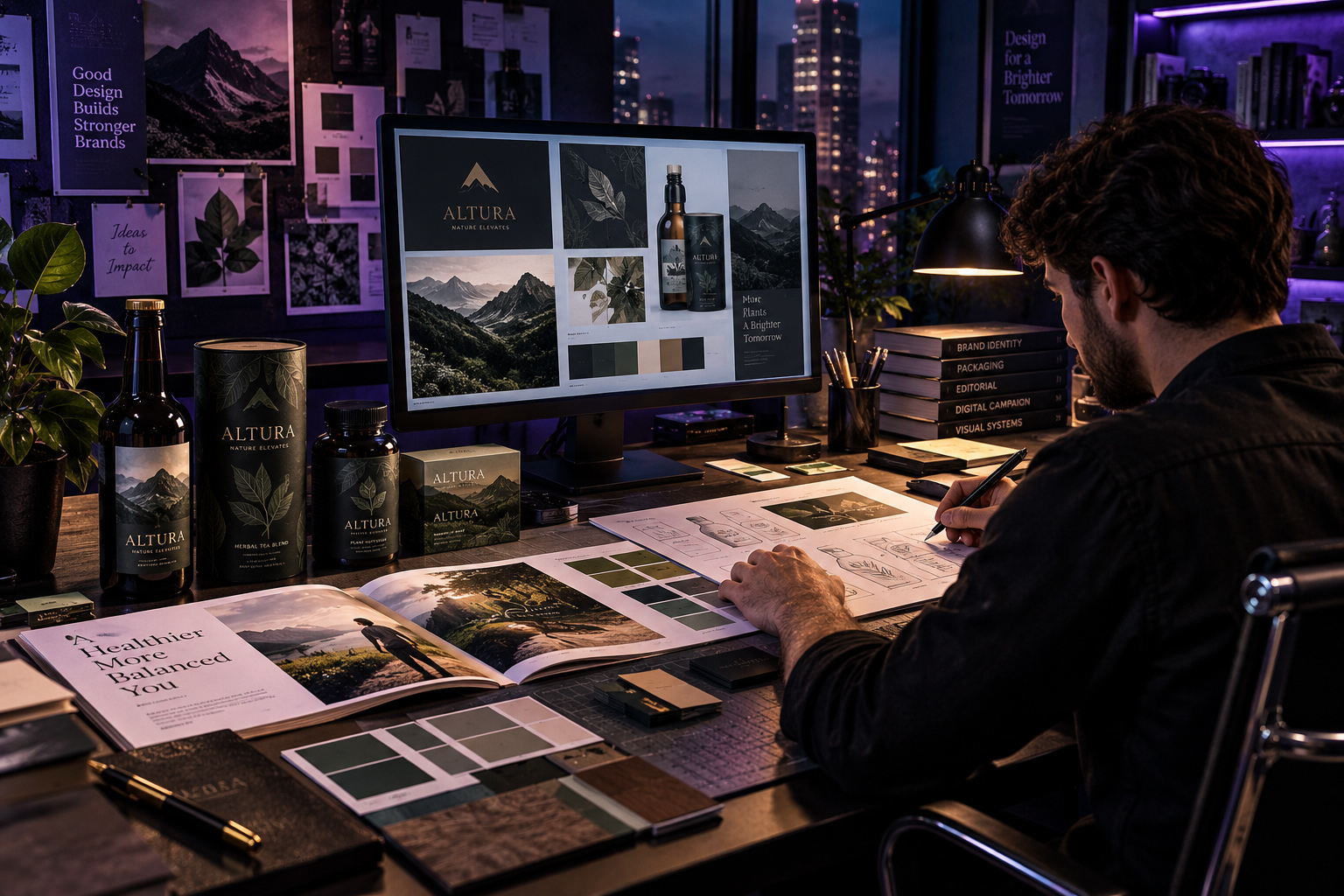 Graphic designer developing the Altura brand identity through logo design, packaging concepts, color palettes, editorial applications, printed materials, and digital brand presentation in a professional studio.