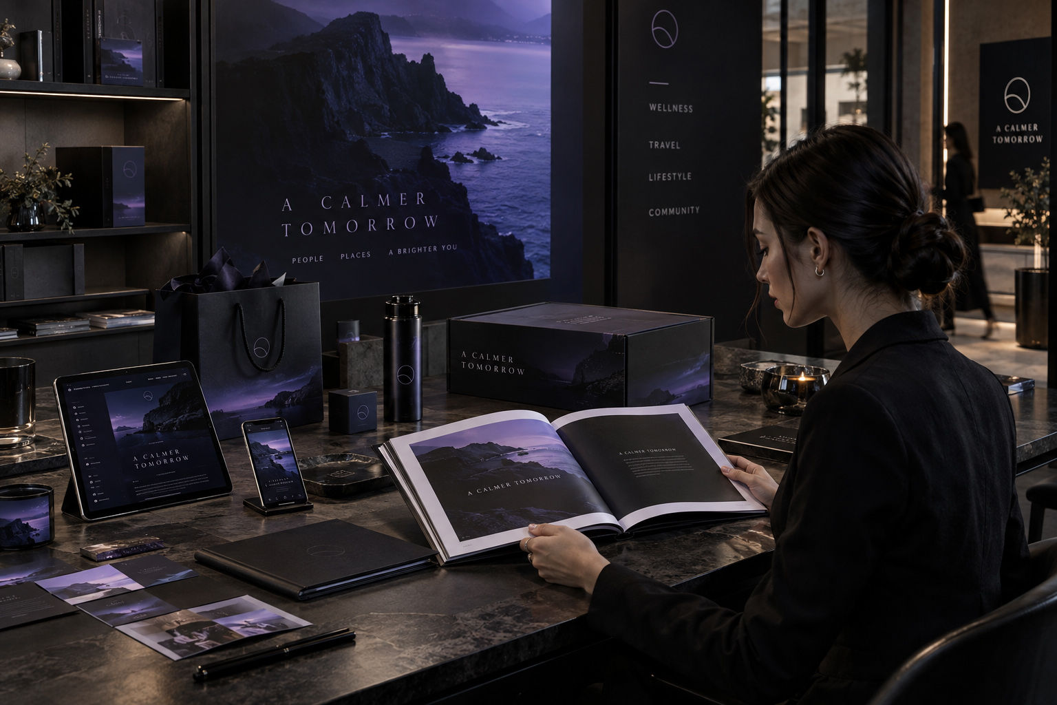 Graphic designer reviewing a connected brand application system across editorial design, packaging, digital interfaces, printed materials, merchandise, signage, and environmental graphics.