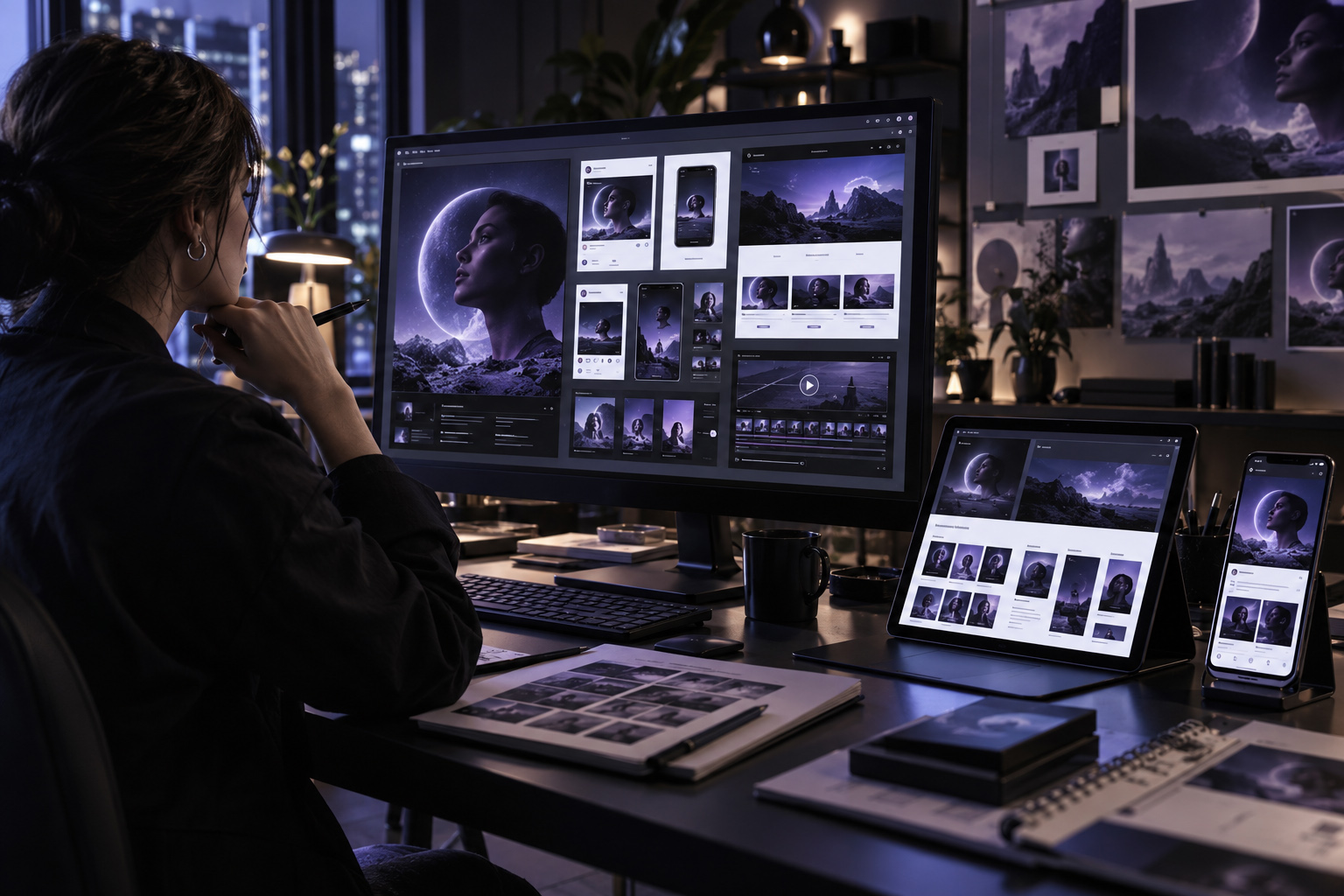 Graphic designer developing a cross-platform digital campaign with coordinated desktop, tablet, mobile, social media, web, and video layouts displayed across multiple screens.