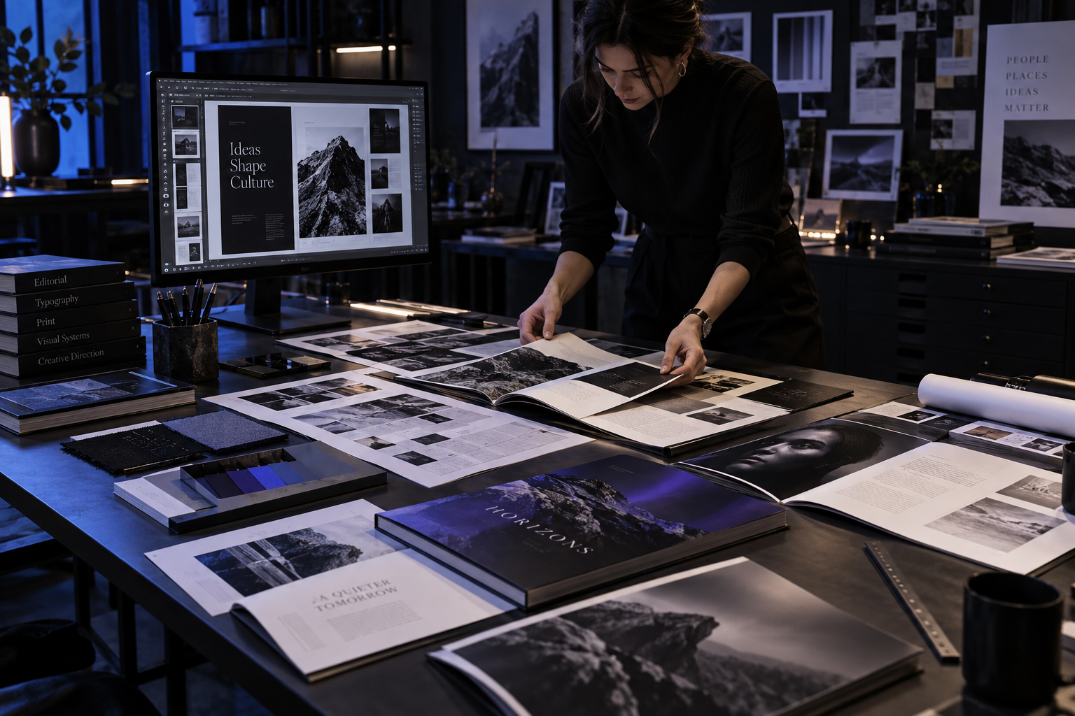 Graphic designer developing editorial and publication layouts with printed spreads, typography studies, image selections, material samples, and digital page compositions across a professional design workspace.
