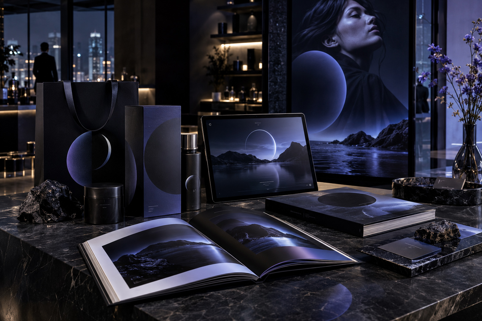 Final connected visual system showing coordinated packaging, editorial design, digital interface, campaign imagery, printed materials, and premium brand applications within one cohesive presentation.