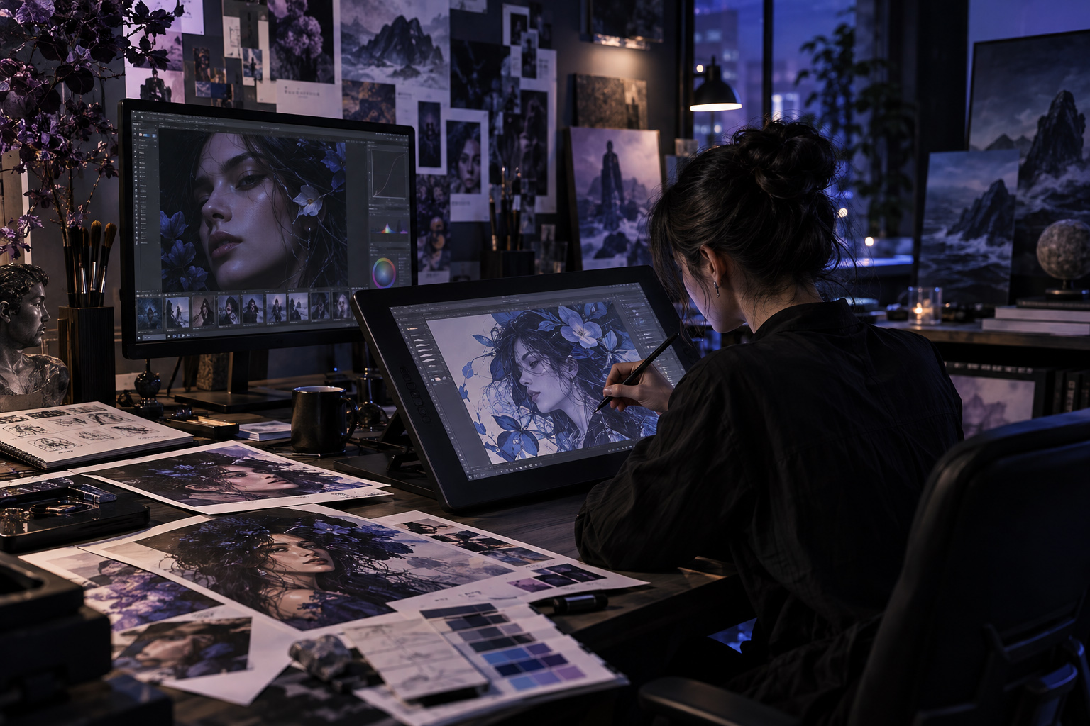 Graphic designer developing a detailed digital illustration with portrait imagery, botanical elements, reference photography, color studies, printed compositions, and drawing tools across a professional creative workspace.