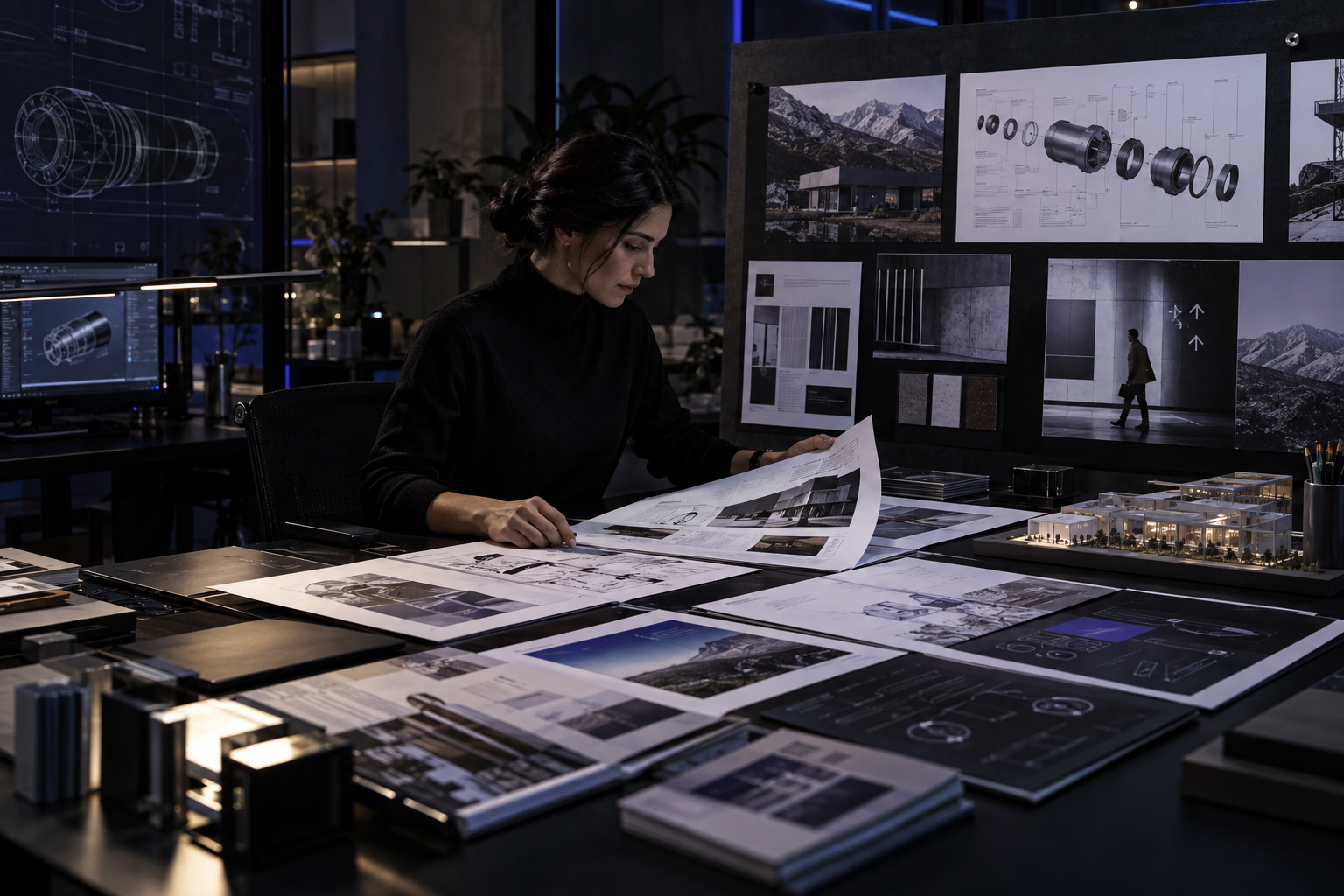Graphic designer developing industry-specific technical communication with engineering diagrams, architectural layouts, material studies, technical illustrations, presentation boards, and printed documentation.