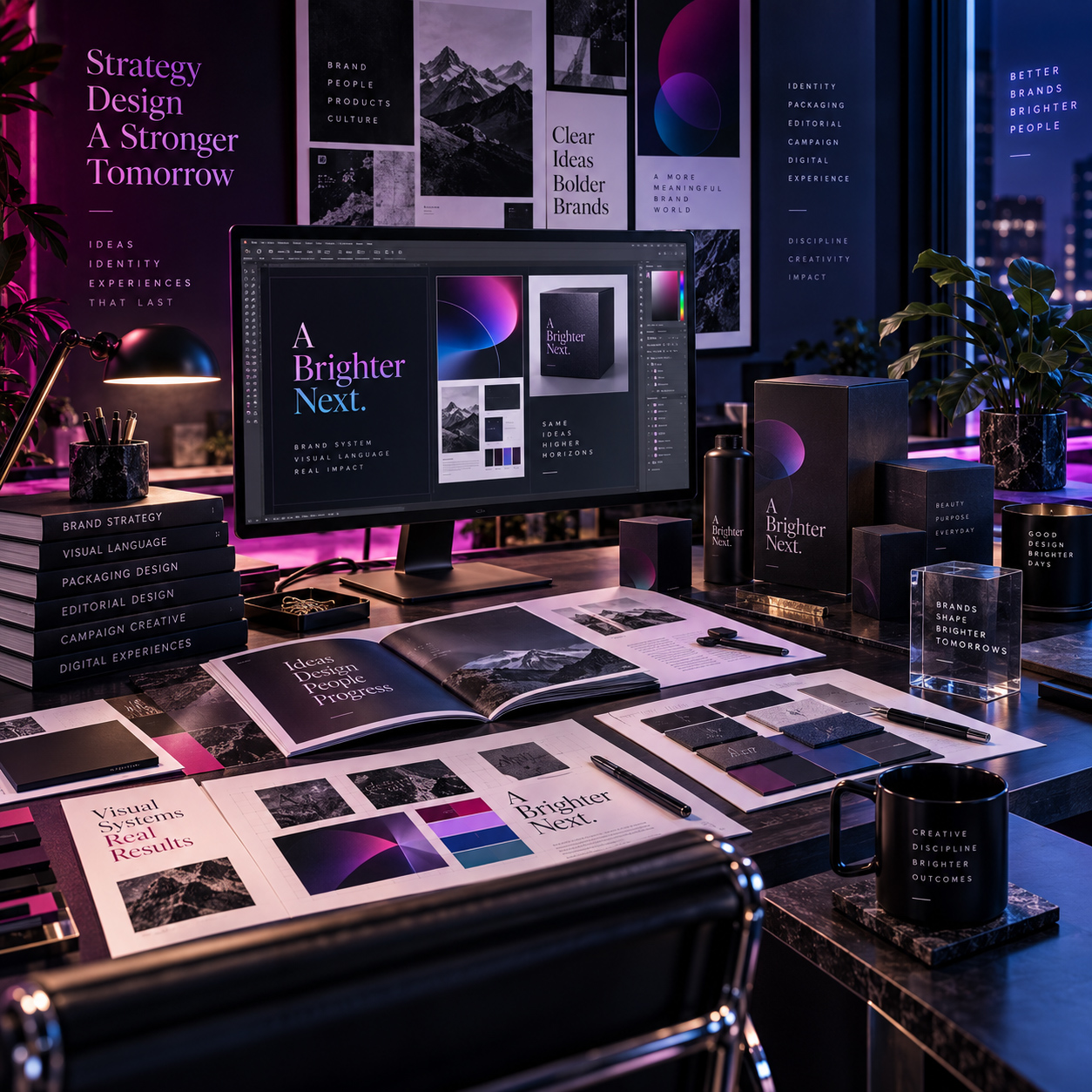 Creative graphic design studio workspace with brand strategy visuals, packaging mockups, editorial layouts, color palettes, and design concepts displayed across a large monitor, printed materials, and presentation boards.