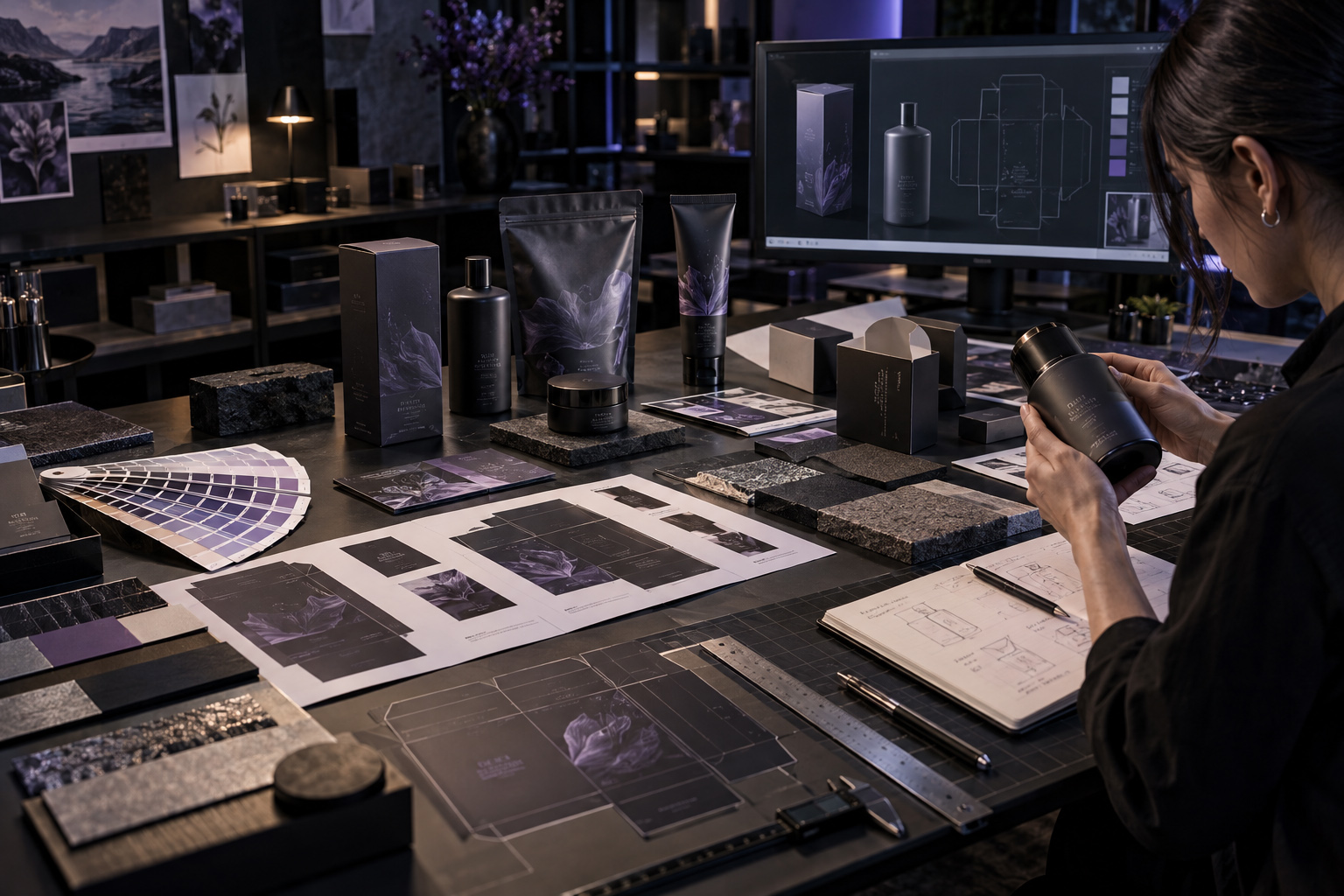Graphic designer developing premium packaging with structural dielines, color palettes, material samples, product mockups, printed artwork, and packaging prototypes across a professional design workspace.