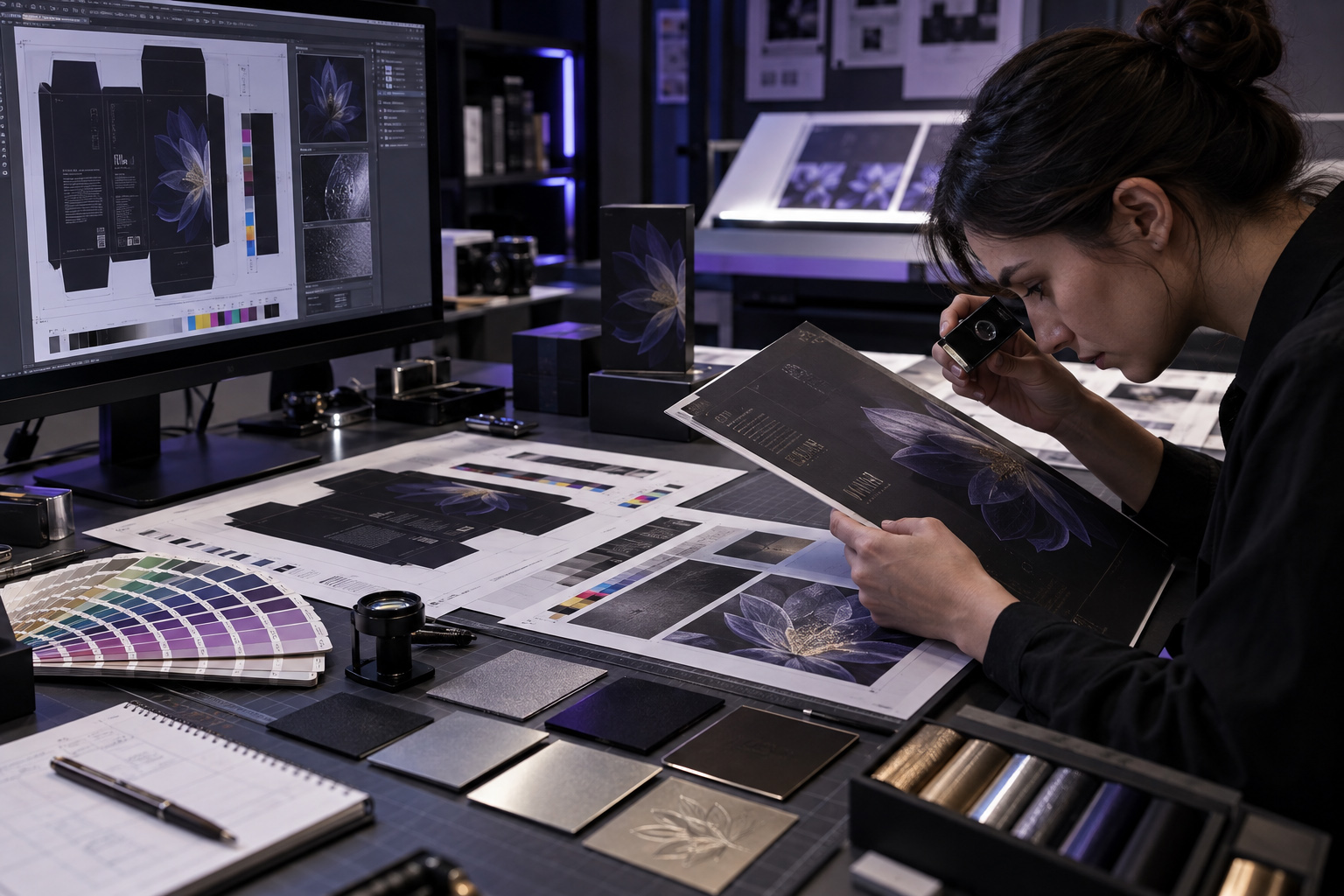 Graphic designer inspecting production-ready packaging artwork with a magnifier while reviewing print proofs, dielines, color swatches, material samples, and prepress files in a professional design studio.