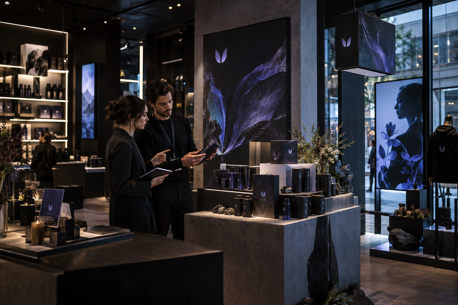 Premium retail brand activation environment showing coordinated product displays, packaging, digital screens, point-of-sale graphics, signage, and branded merchandising within a contemporary store interior.