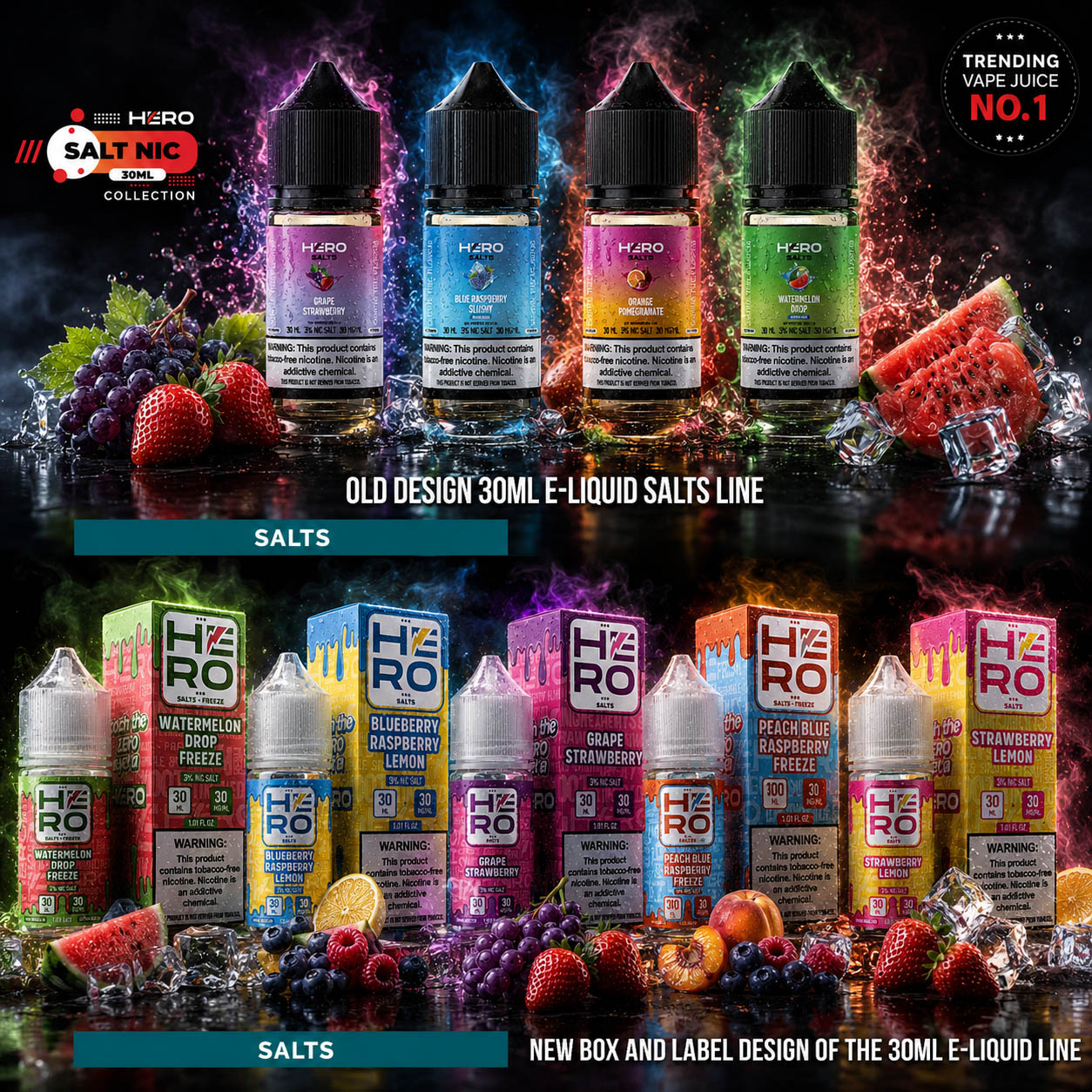 Before-and-after comparison of the HERO 30ml salt nicotine e-liquid range showing redesigned bottles, packaging boxes, flavor differentiation, and stronger product presentation.