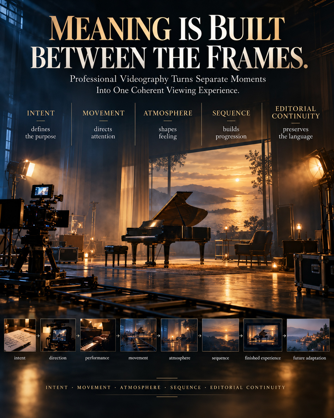 Editorial videography conclusion graphic showing a cinematic piano set at sunset with a visual sequence connecting intent, direction, performance, movement, atmosphere, editing, and future adaptation.