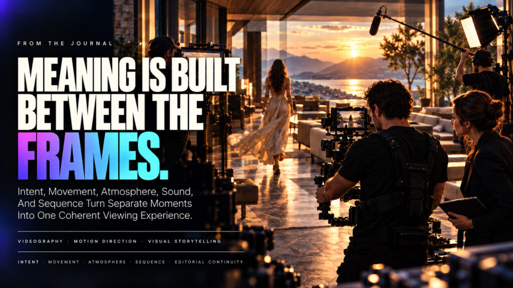 Film crew recording a woman walking through a luxury interior at sunset for the Journal article How Videography Turns Movement Into Meaning.