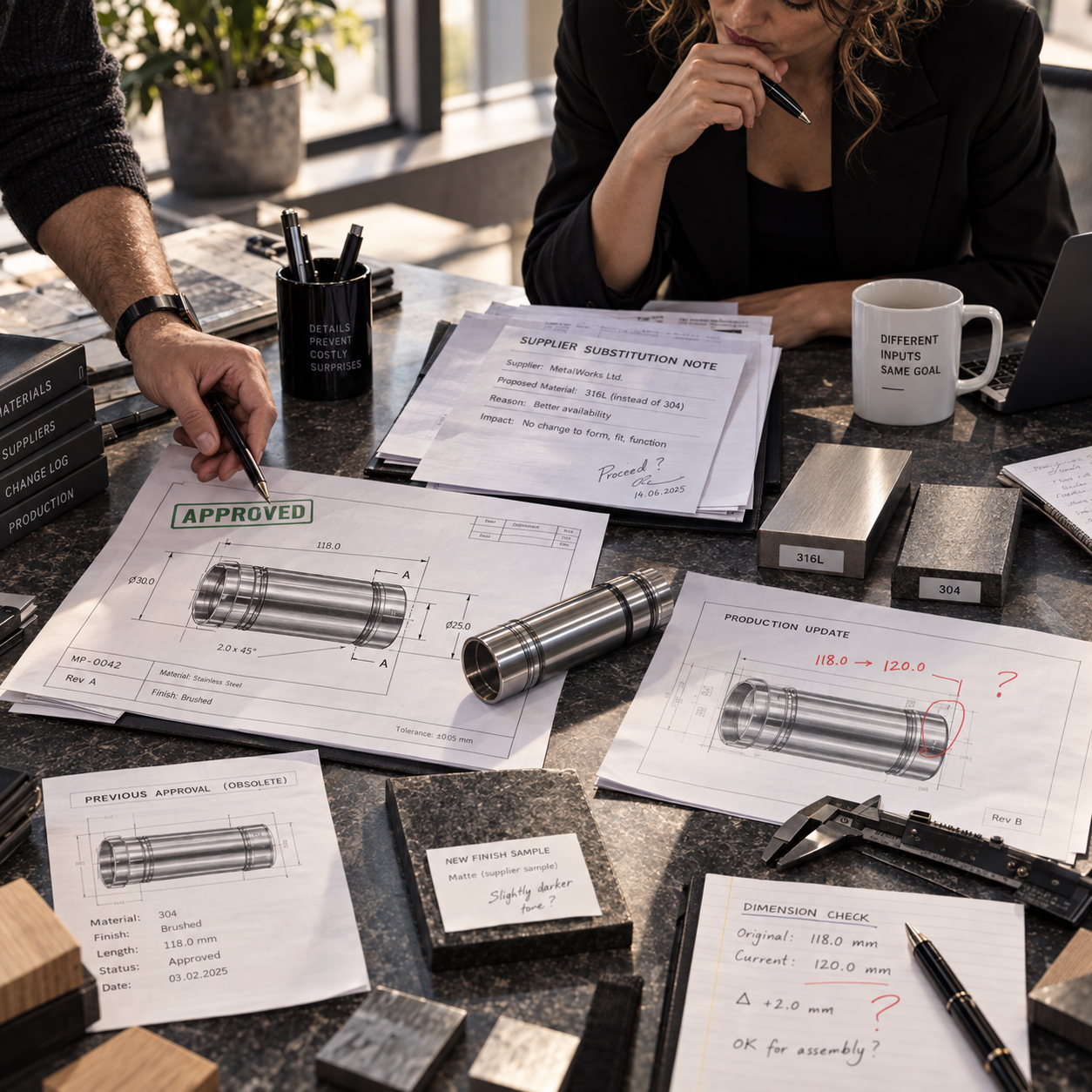 Bad example showing an approved technical component being affected by supplier substitution, material changes, dimensional variation, and production updates without fully controlled project continuity.