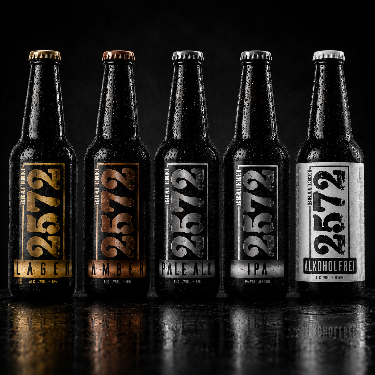 Brauerei 2572® final packaging family showing Lager, Amber, Pale Ale, IPA, and alcohol-free bottle variants within one consistent visual identity system.