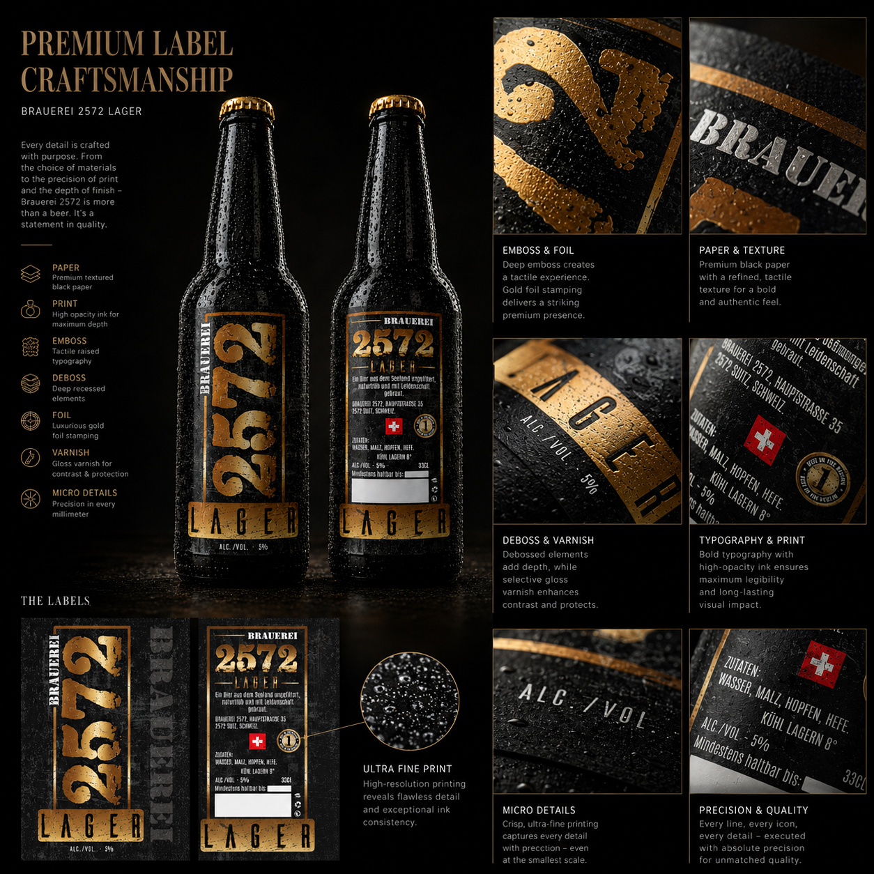 Brauerei 2572® premium label craftsmanship board showing textured paper, embossing, debossing, metallic foil, varnish, typography, print detail, and front and reverse Lager labels.