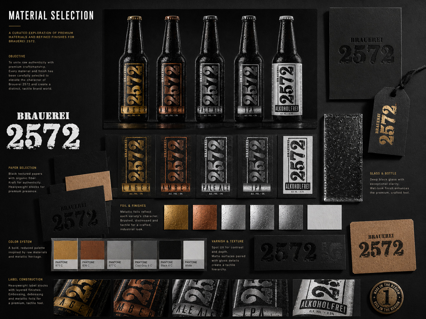 Brauerei 2572® material selection board showing bottle variants, label papers, metallic foils, color references, varnish, texture samples, and premium packaging finishes.