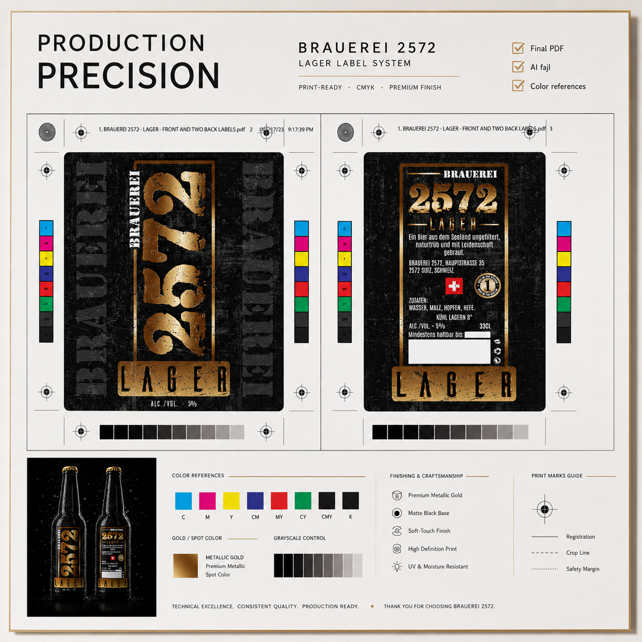 Brauerei 2572® production board showing print-ready front and back Lager labels, CMYK and spot-color references, registration marks, grayscale controls, finishing specifications, and production-ready artwork.