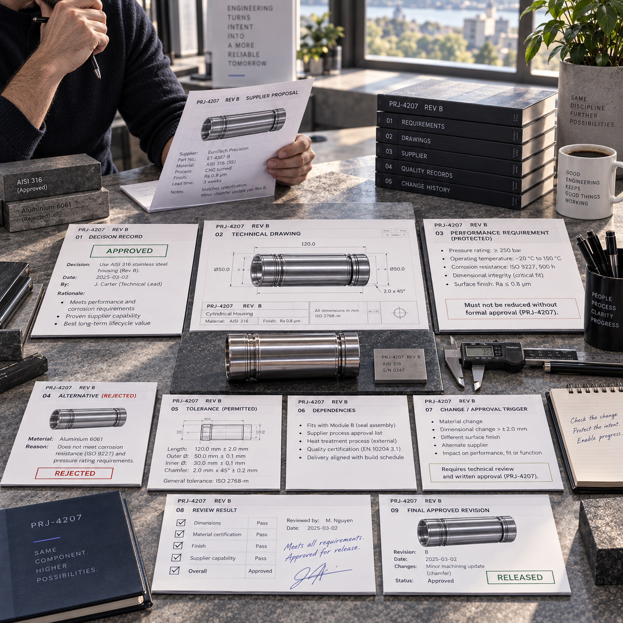 Structured technical review showing an approved decision record, controlled drawing, protected performance requirements, supplier proposal, rejected alternative, tolerance checks, dependencies, review results, and final released revision.