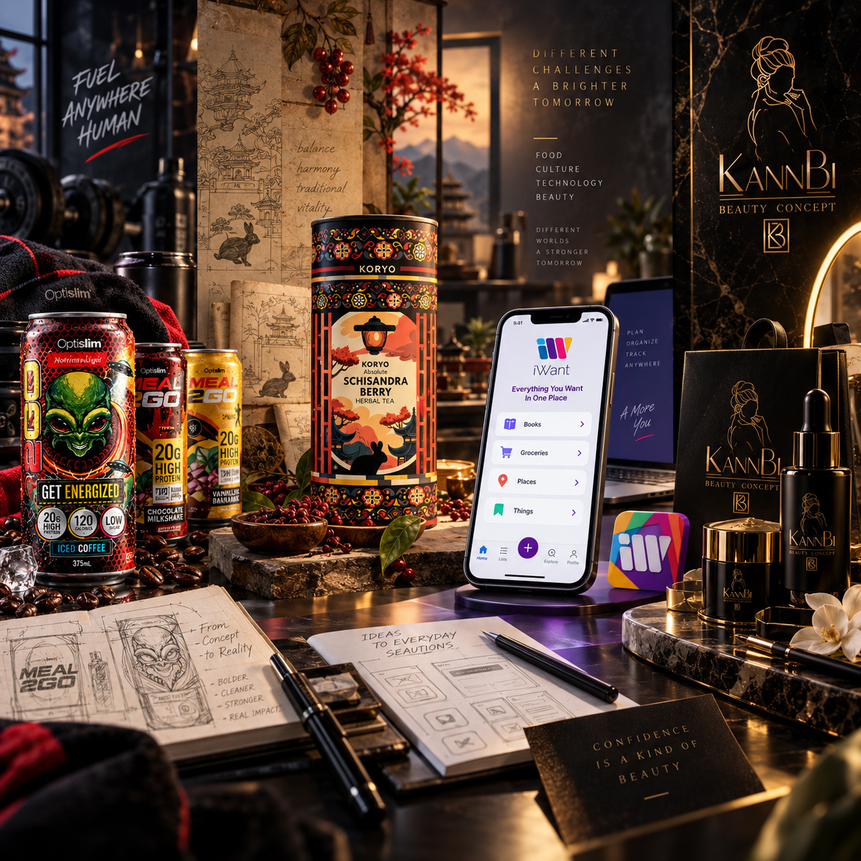 Editorial composition combining MEAL 2 GO®, KORYO®, iWant®, and KannBi® projects to show how packaging, heritage storytelling, digital product design, and beauty branding require different forms of Case Study evidence.
