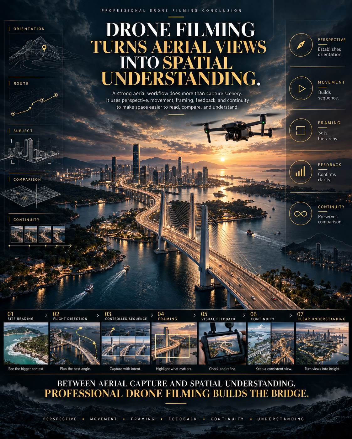 Editorial drone filming recap showing an aerial city and bridge view with workflow stages for site reading, flight direction, framing, feedback, continuity, and spatial understanding.