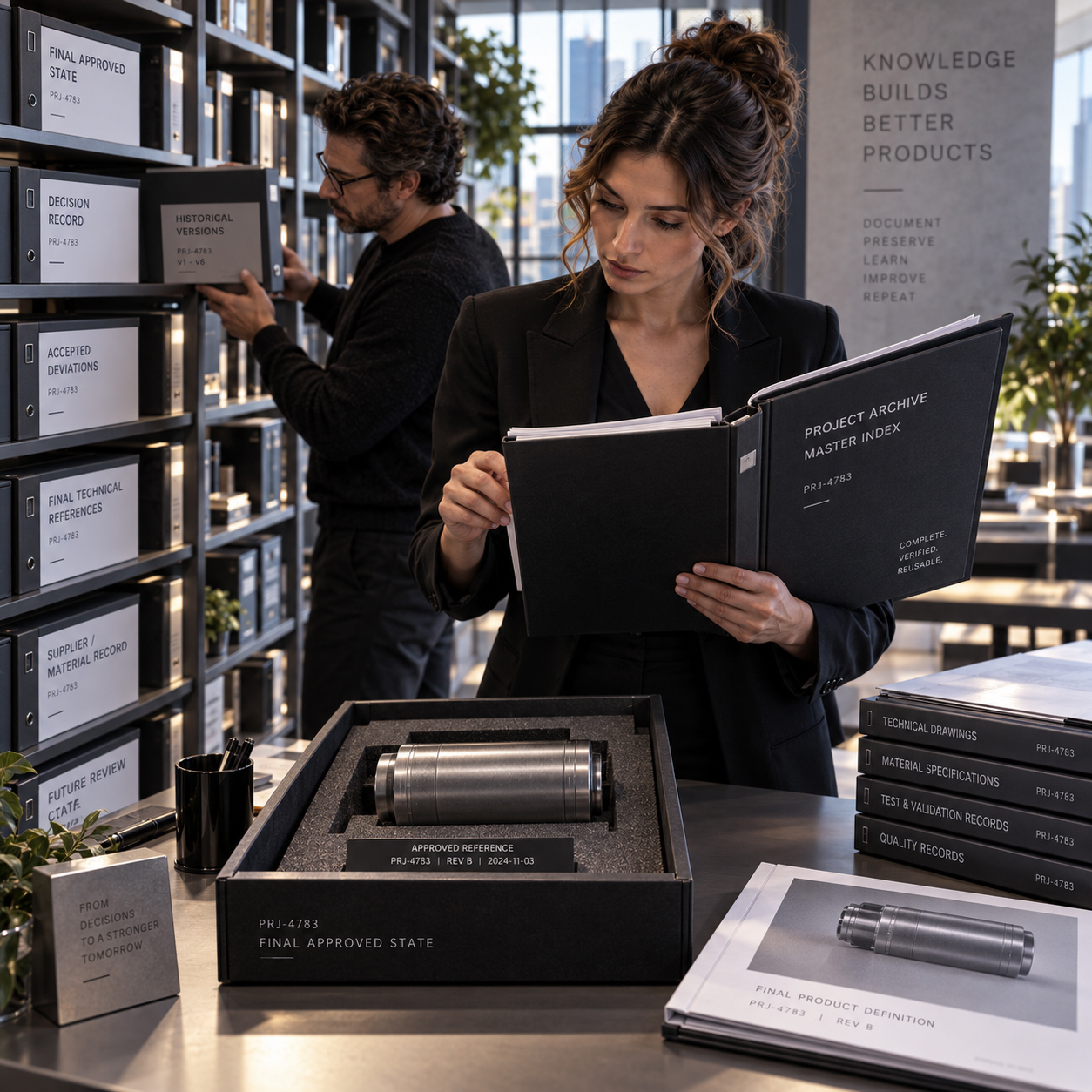 Professional consultant reviewing a structured project archive containing the final approved product state, technical references, decision records, and accepted deviations.