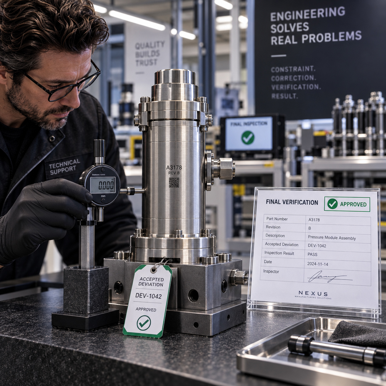 Technical specialist performing final dimensional verification on a manufactured assembly after an approved deviation, confirming compliance before release.