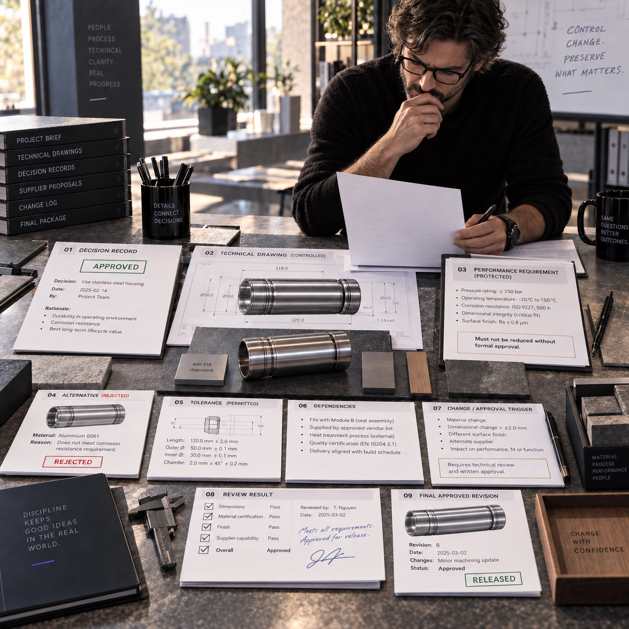 Good example showing a controlled technical review process where supplier proposals, dimensional tolerances, material requirements, dependencies, and revisions are evaluated before final approval and release.