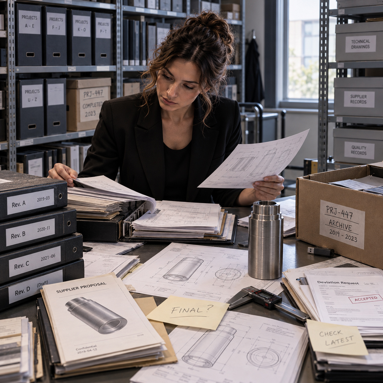 Technical consultant reviewing archived drawings, project revisions, supplier records, and accepted deviation documentation from a completed engineering project.
