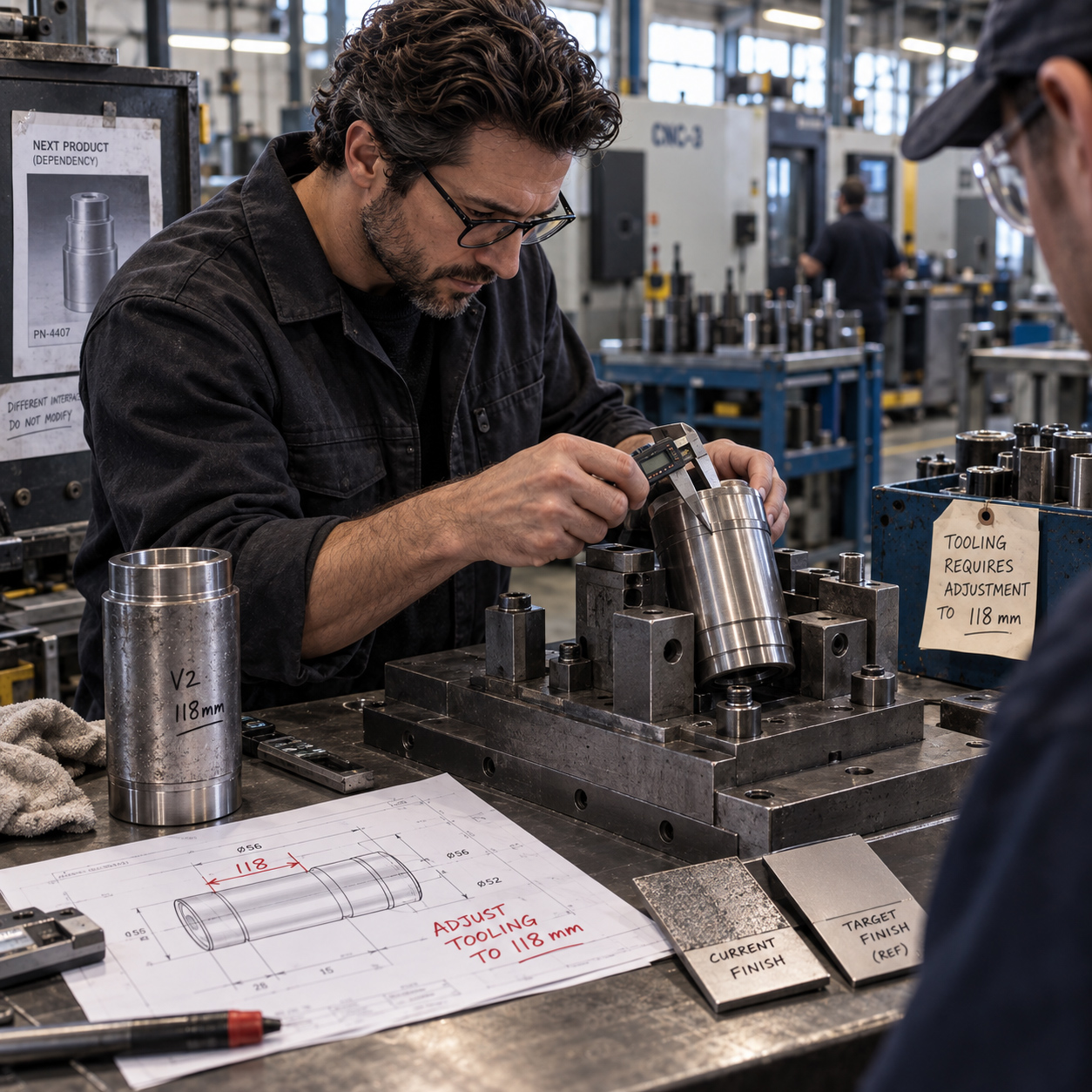 Technical consultant measuring a manufactured metal component on the production floor while reviewing tooling adjustments, dimensional requirements, and target finish specifications.