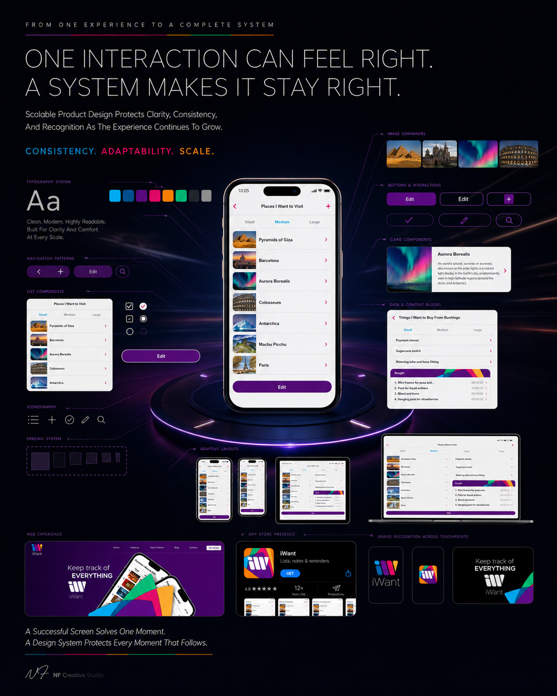 iWant® product design system showing typography, navigation patterns, list components, icons, buttons, cards, adaptive layouts, web experience, App Store presence, and consistent brand recognition across digital touchpoints.