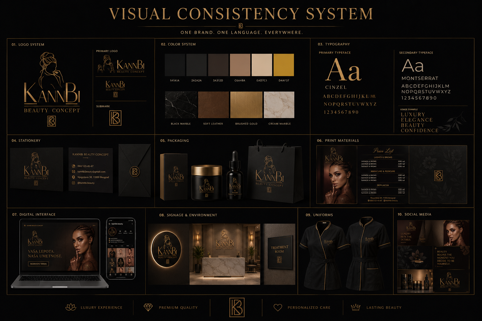 KannBi® Beauty Concept visual consistency system showing logo, color palette, typography, stationery, packaging, print materials, digital interface, interior signage, uniforms, and social media applications.