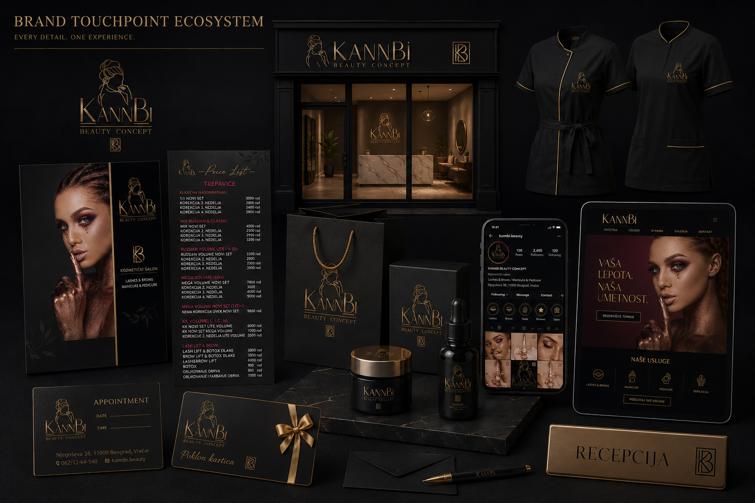 KannBi® Beauty Concept brand touchpoint system showing salon signage, uniforms, packaging, printed materials, appointment cards, social media, website, and reception branding within one coordinated identity.