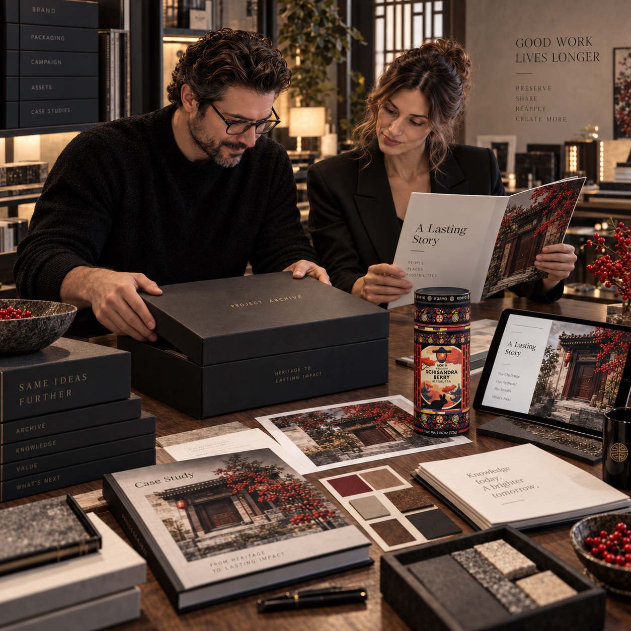 KORYO® Case Study archive showing the Schisandra Berry packaging, printed and digital editorial materials, project documentation, material samples, and professionals reviewing preserved project knowledge.
