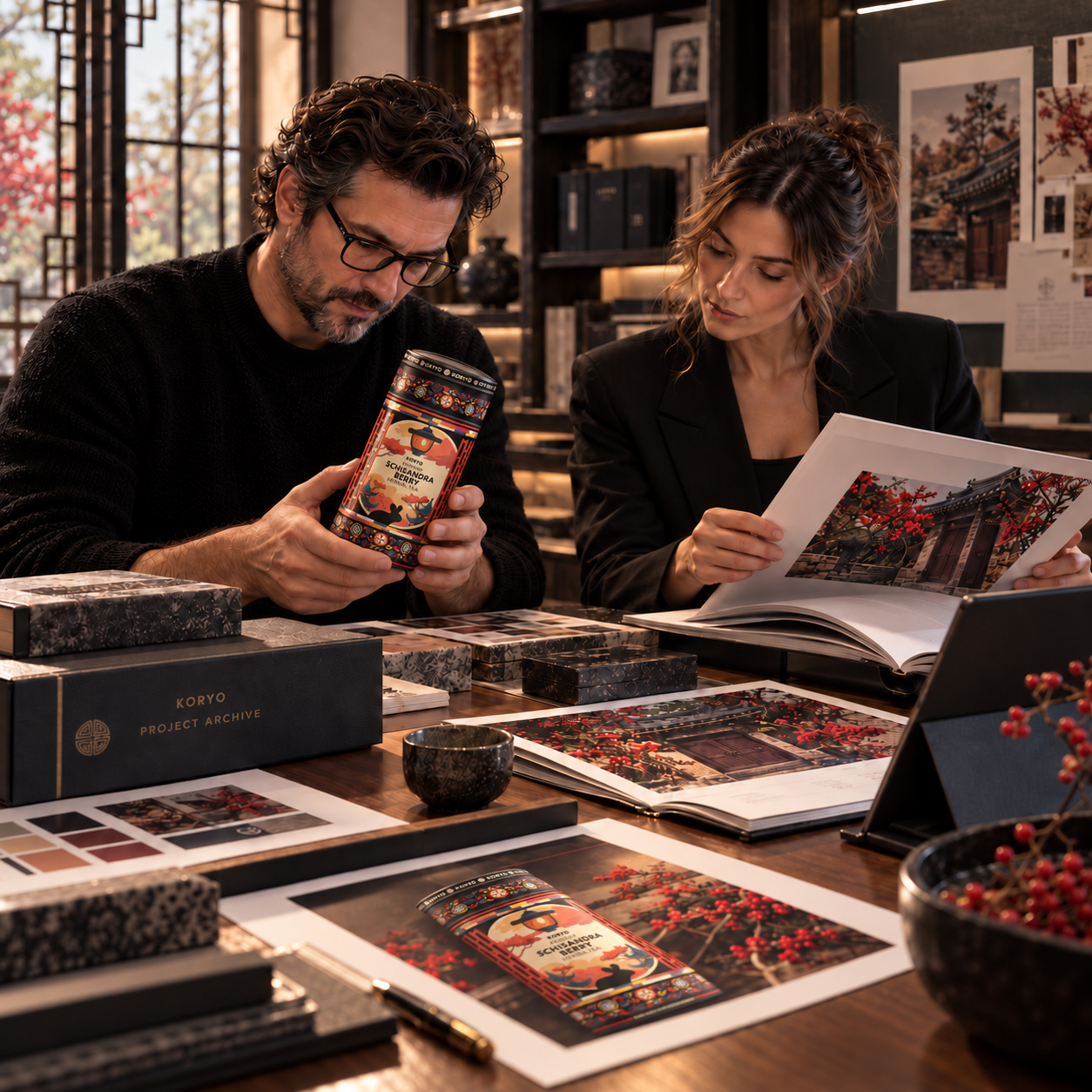 Professionals reviewing KORYO® Schisandra Berry packaging, printed Case Study materials, visual references, and project archive documentation in a premium studio setting.