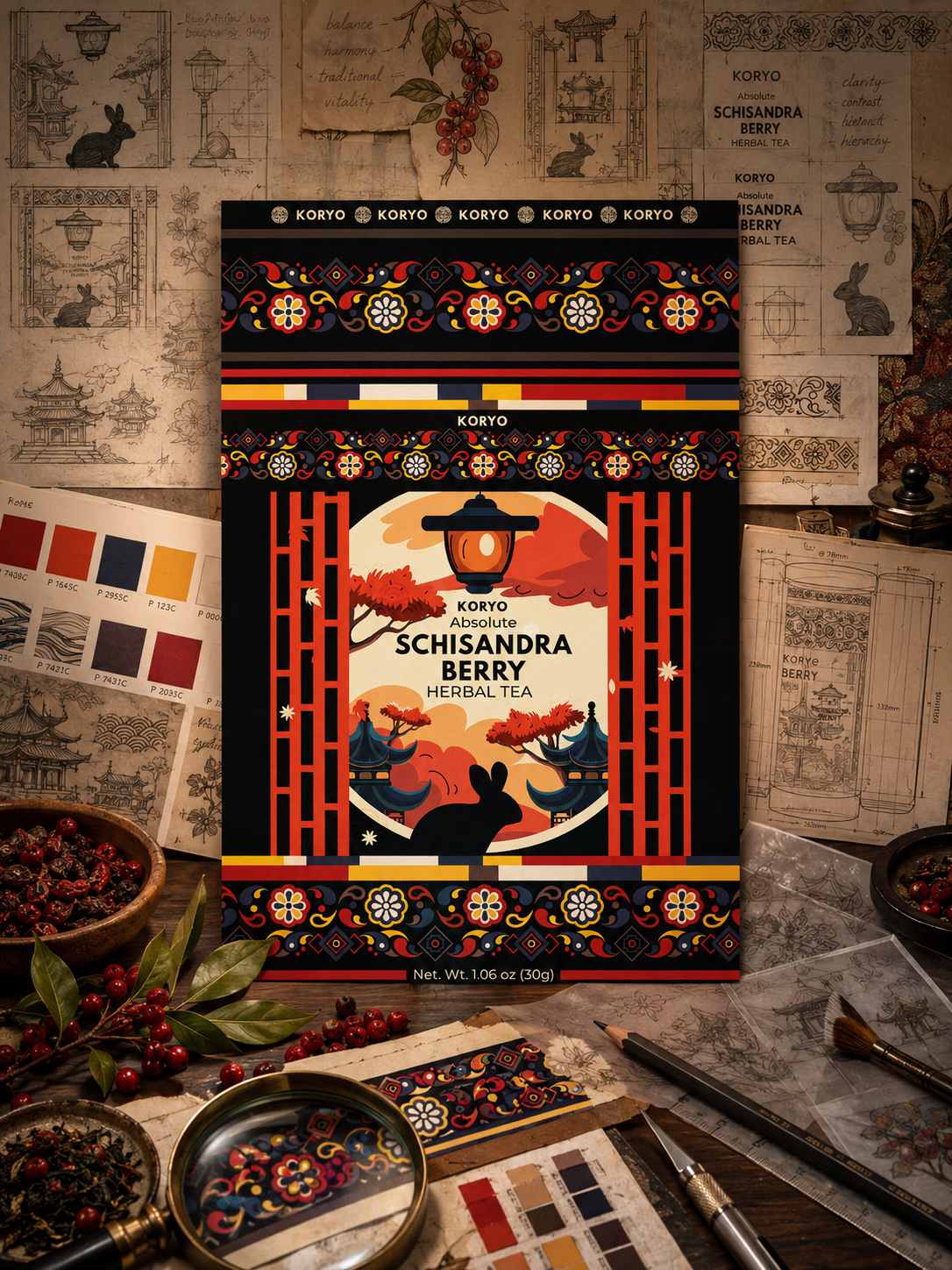 KORYO® Schisandra Berry packaging concept surrounded by cultural sketches, botanical references, color studies, pattern development, packaging drawings, and visual research materials.