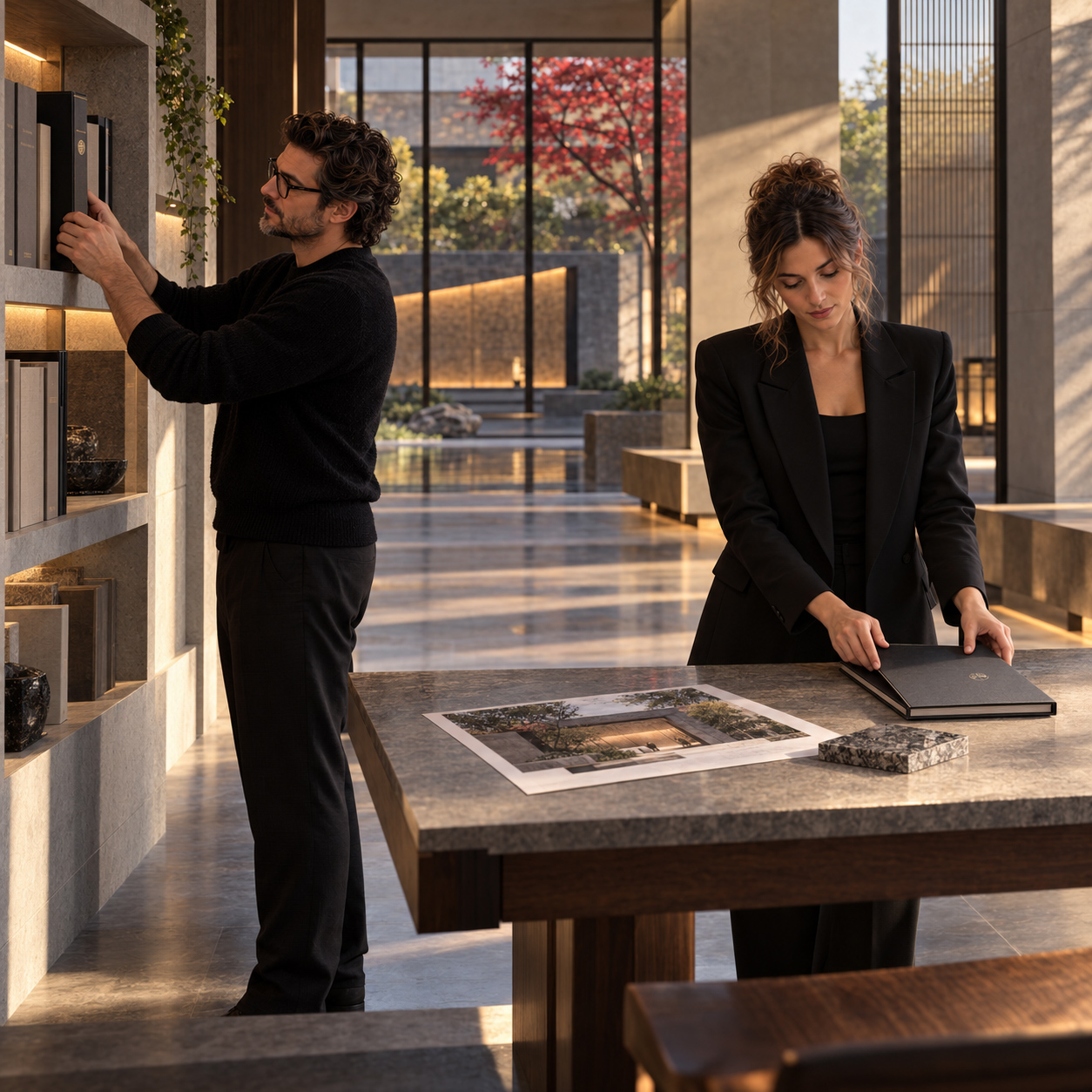 Two design professionals organizing project books and reviewing architectural presentation material in a studio archive, illustrating how completed work can remain accessible for future reference and reuse.