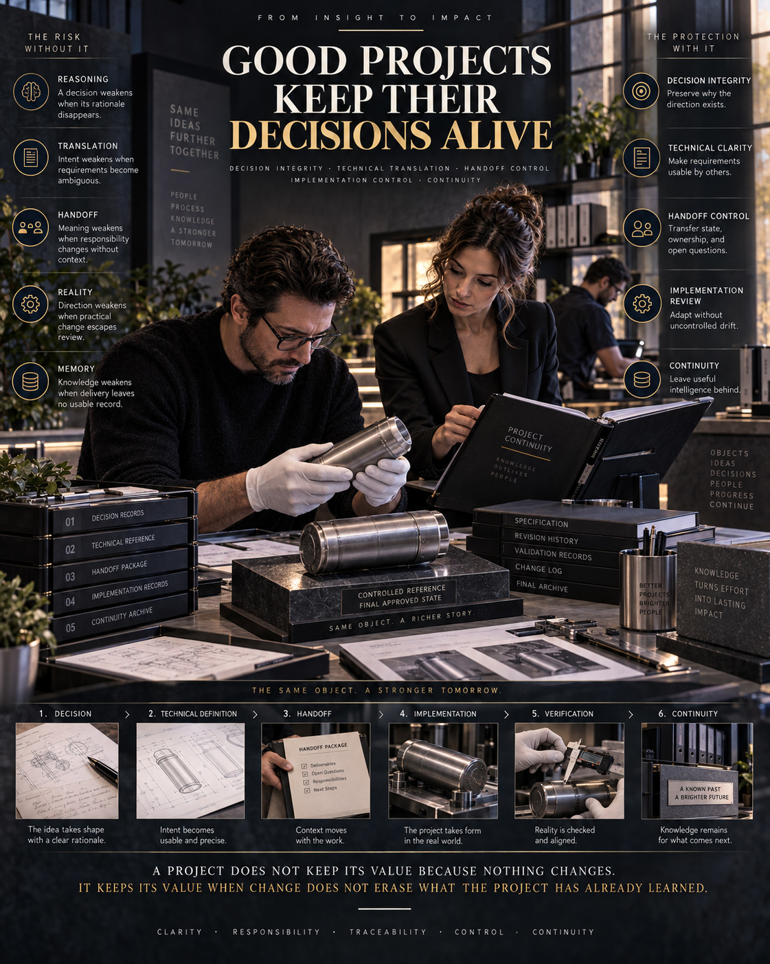 Consulting and technical support professionals reviewing a manufactured component within a structured project continuity system connecting decisions, technical references, handoff, implementation, verification, and archived knowledge.