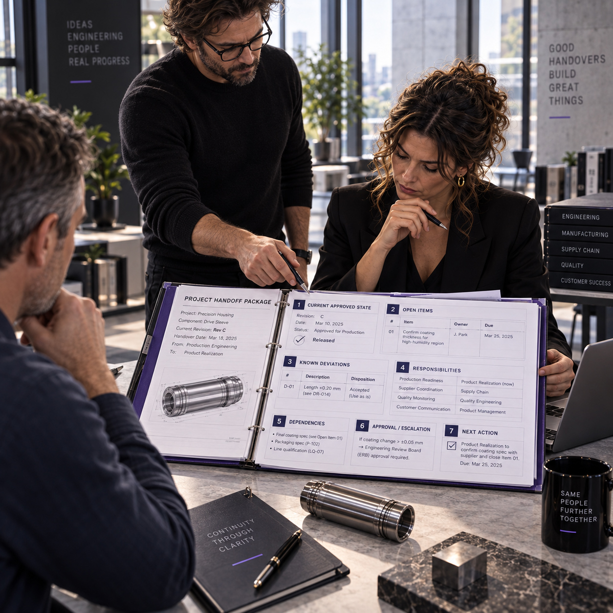 Project team reviewing a structured handoff package containing the current approved state, open items, known deviations, responsibilities, dependencies, approvals, and next actions before production delivery.