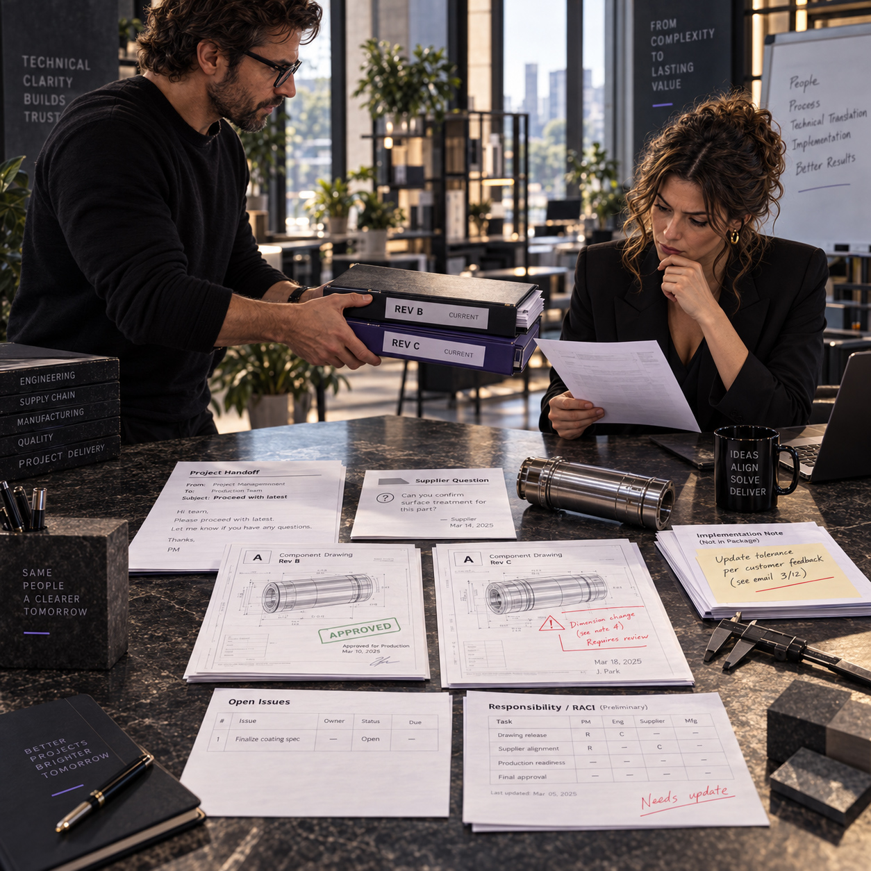 Project team reviewing conflicting technical revisions, supplier questions, open issues, responsibility records, and implementation notes during a critical project handoff.