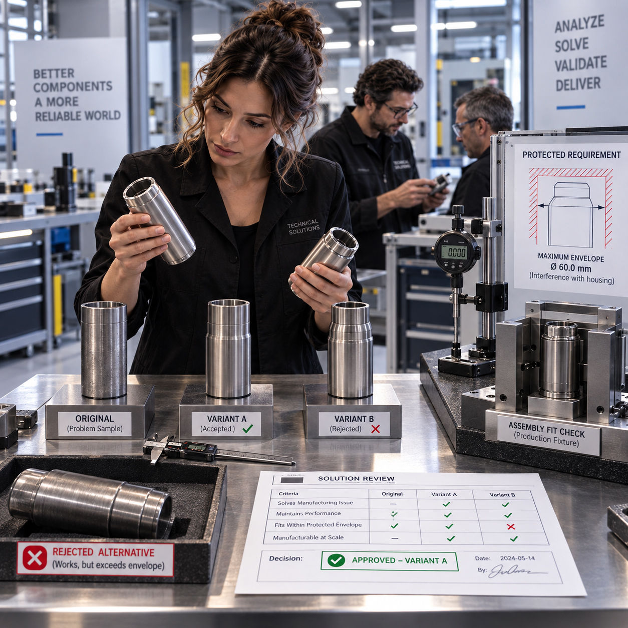 Technical specialist comparing manufactured component variants during production validation, checking dimensional limits, assembly fit, and protected technical requirements before approval.