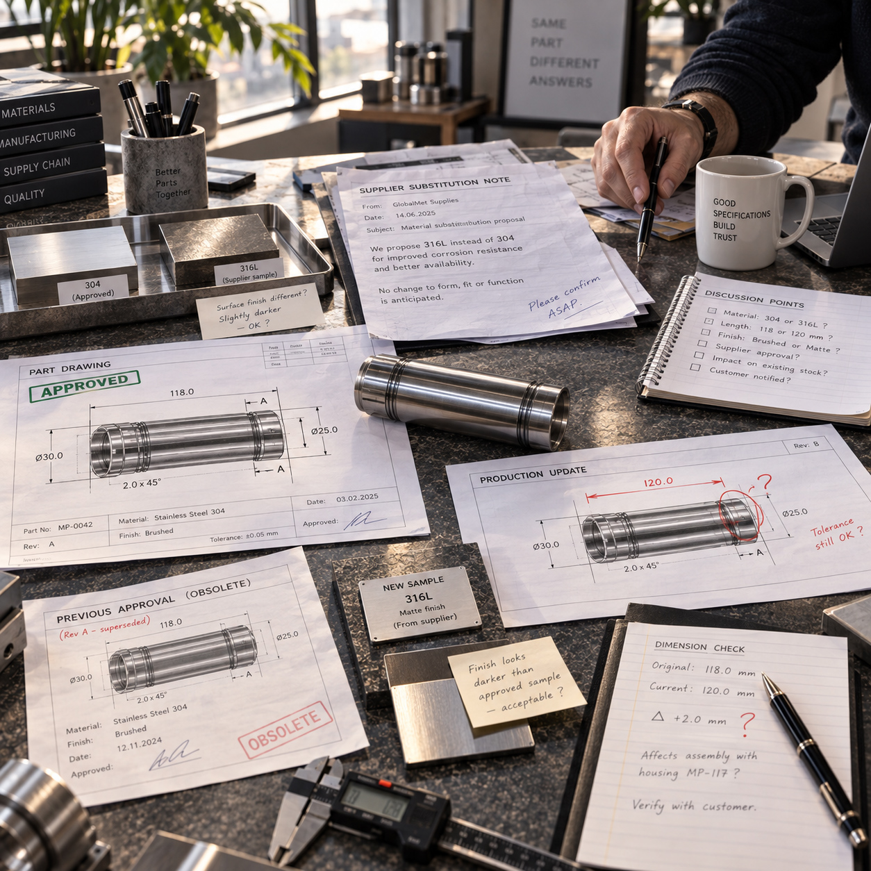 Technical review of a supplier substitution showing an approved component drawing, alternative material sample, dimensional change, production update, and questions requiring confirmation before implementation.